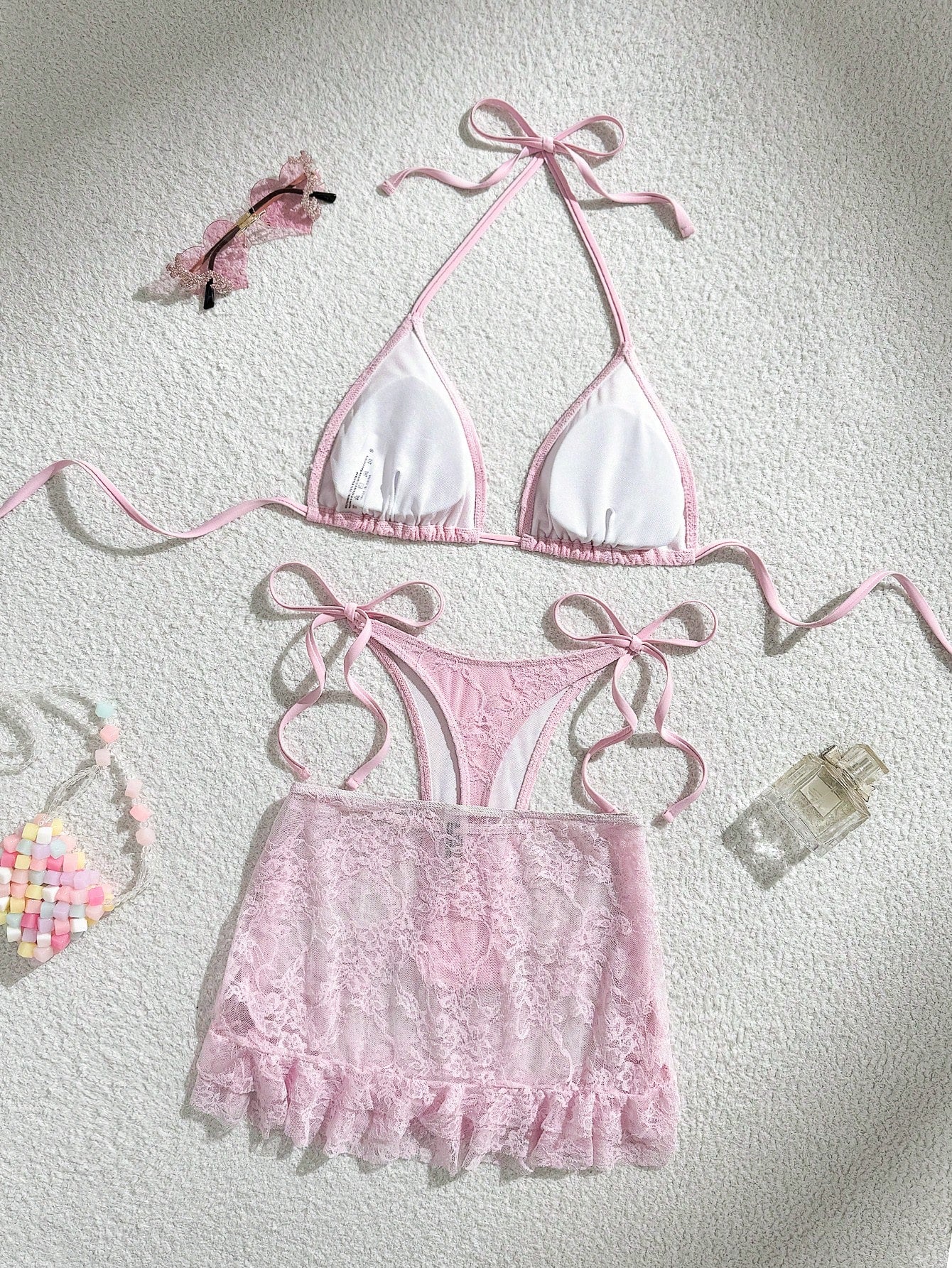 Swim Mod 3pcs/Set Women Sexy Solid Color Lace Flounce Hem Mini Skirt,