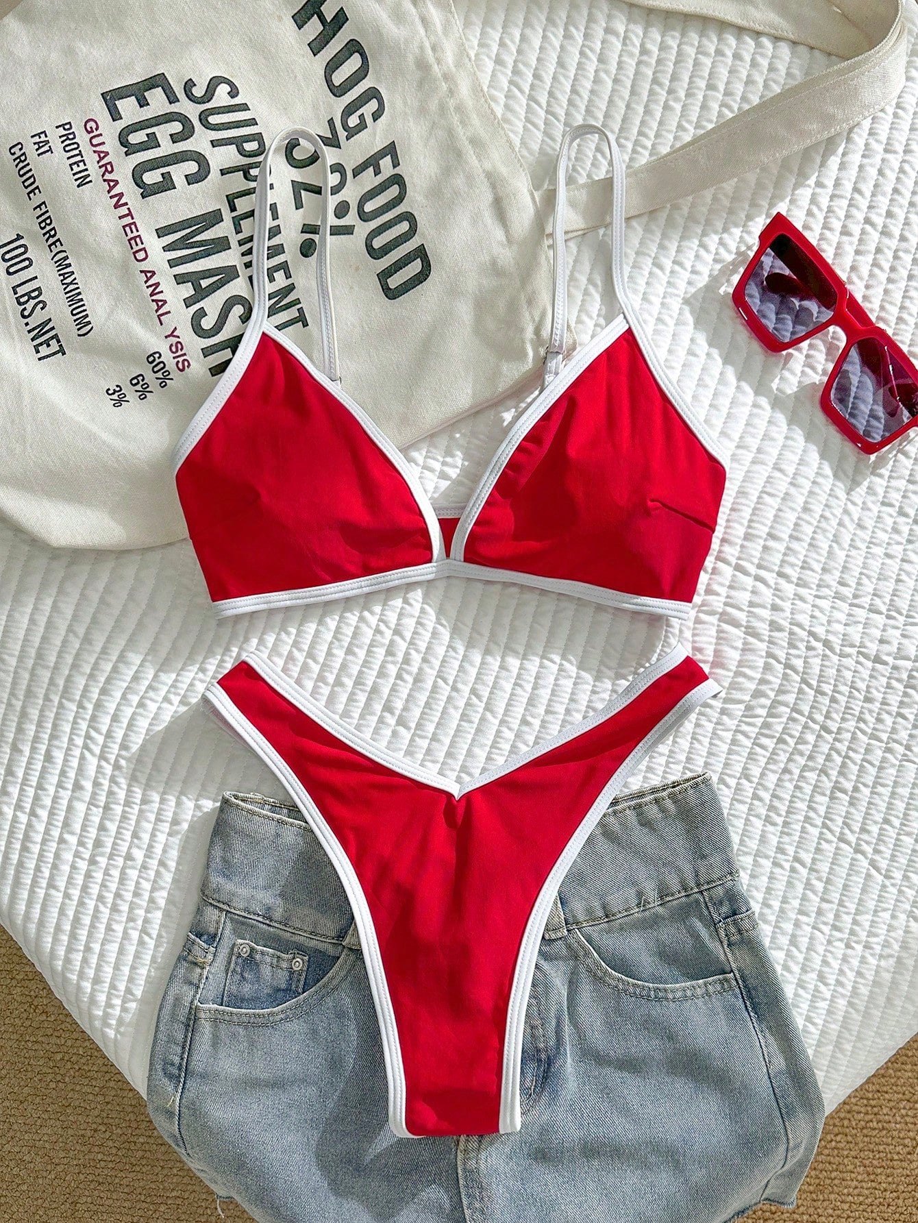 Swim Vcay 2pcs/Set Women's Sexy High Cut Color Contrast Spaghetti Strap Bikini Swimsuit Set, Summer - image 8