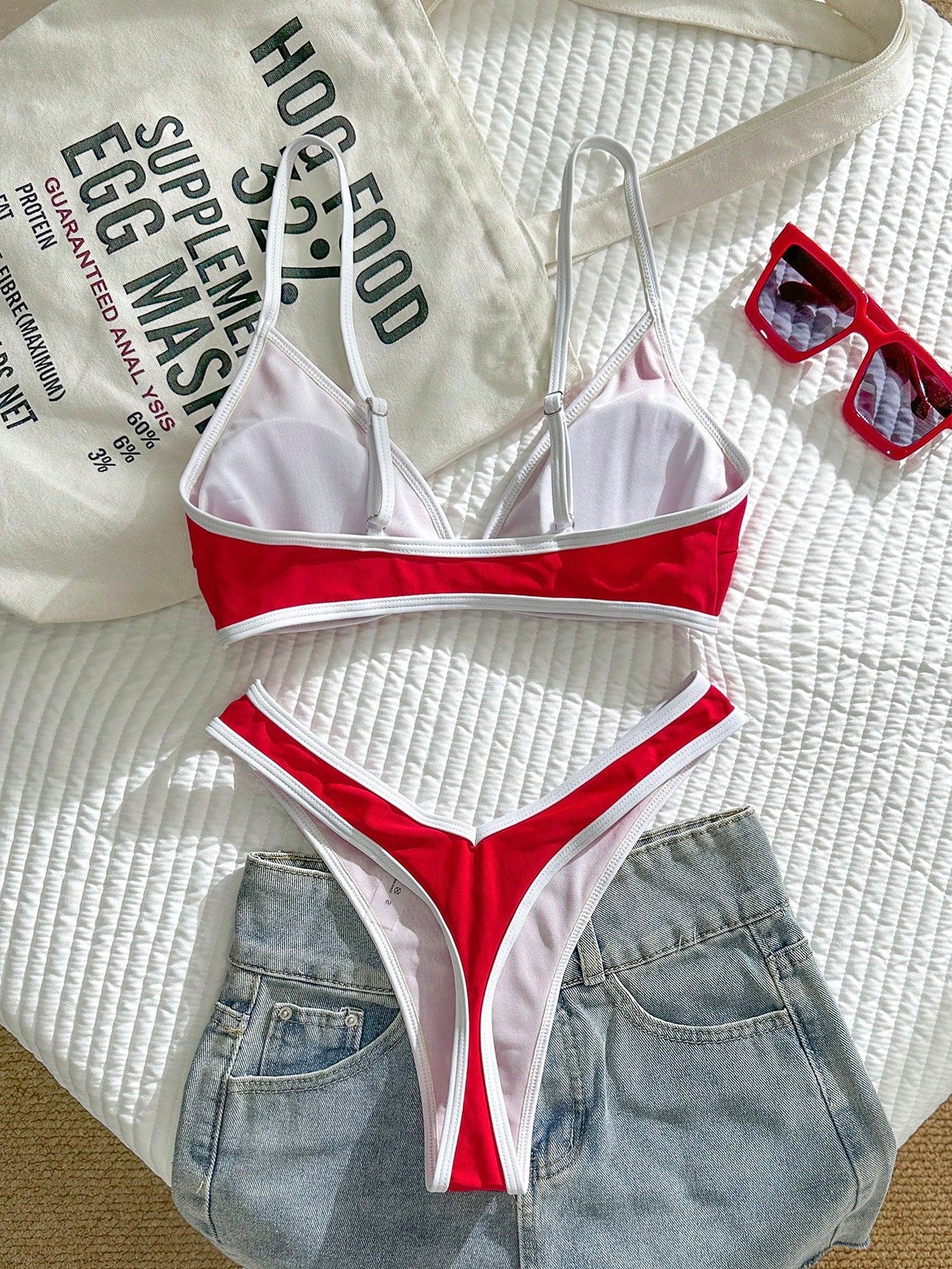 Swim Vcay 2pcs/Set Women's Sexy High Cut Color Contrast Spaghetti Strap Bikini Swimsuit Set, Summer - image 9