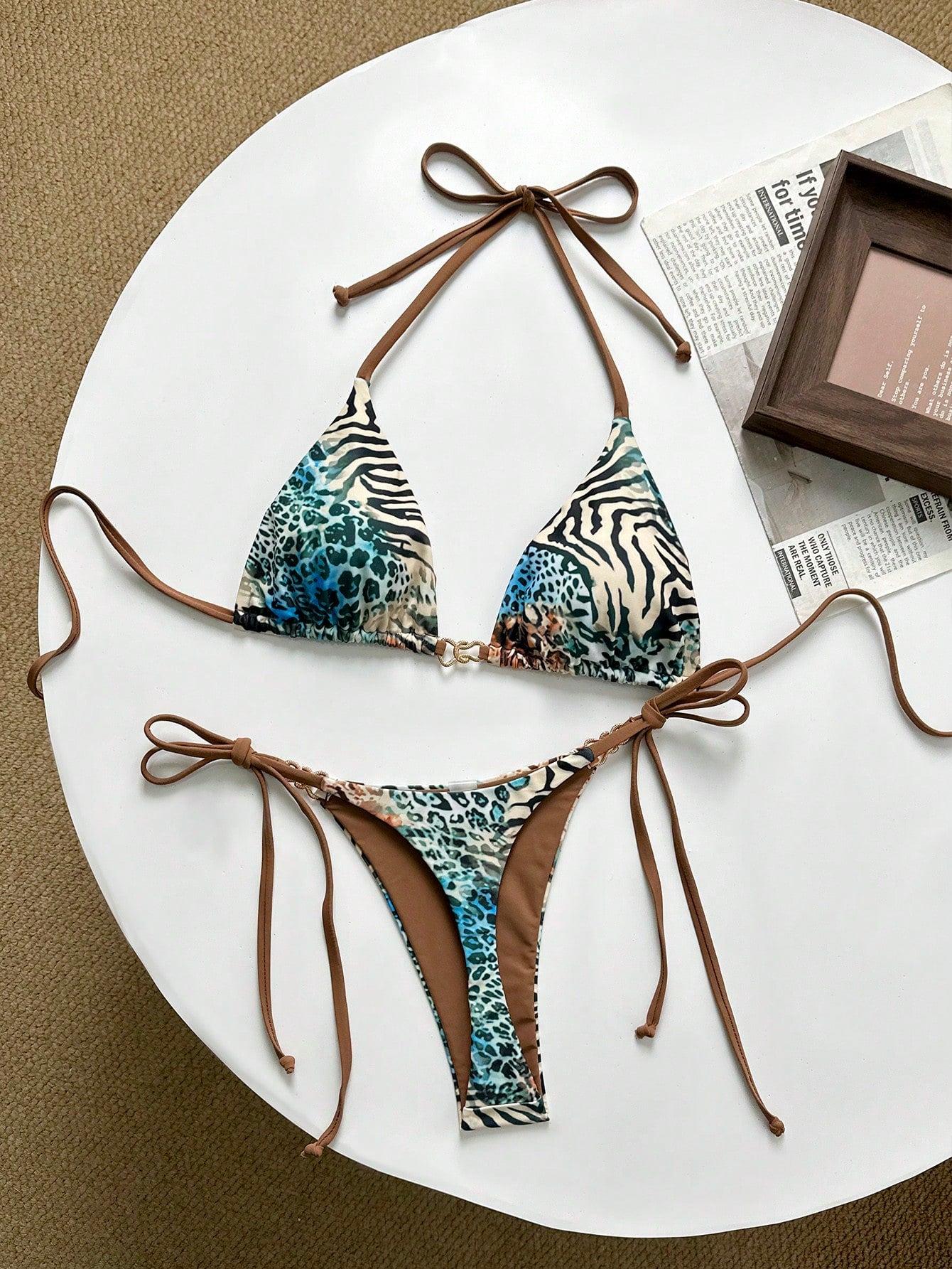 Swim Mod Spring/Summer Digital Print Triangle Wireless Bra Top And Side Tie Biki