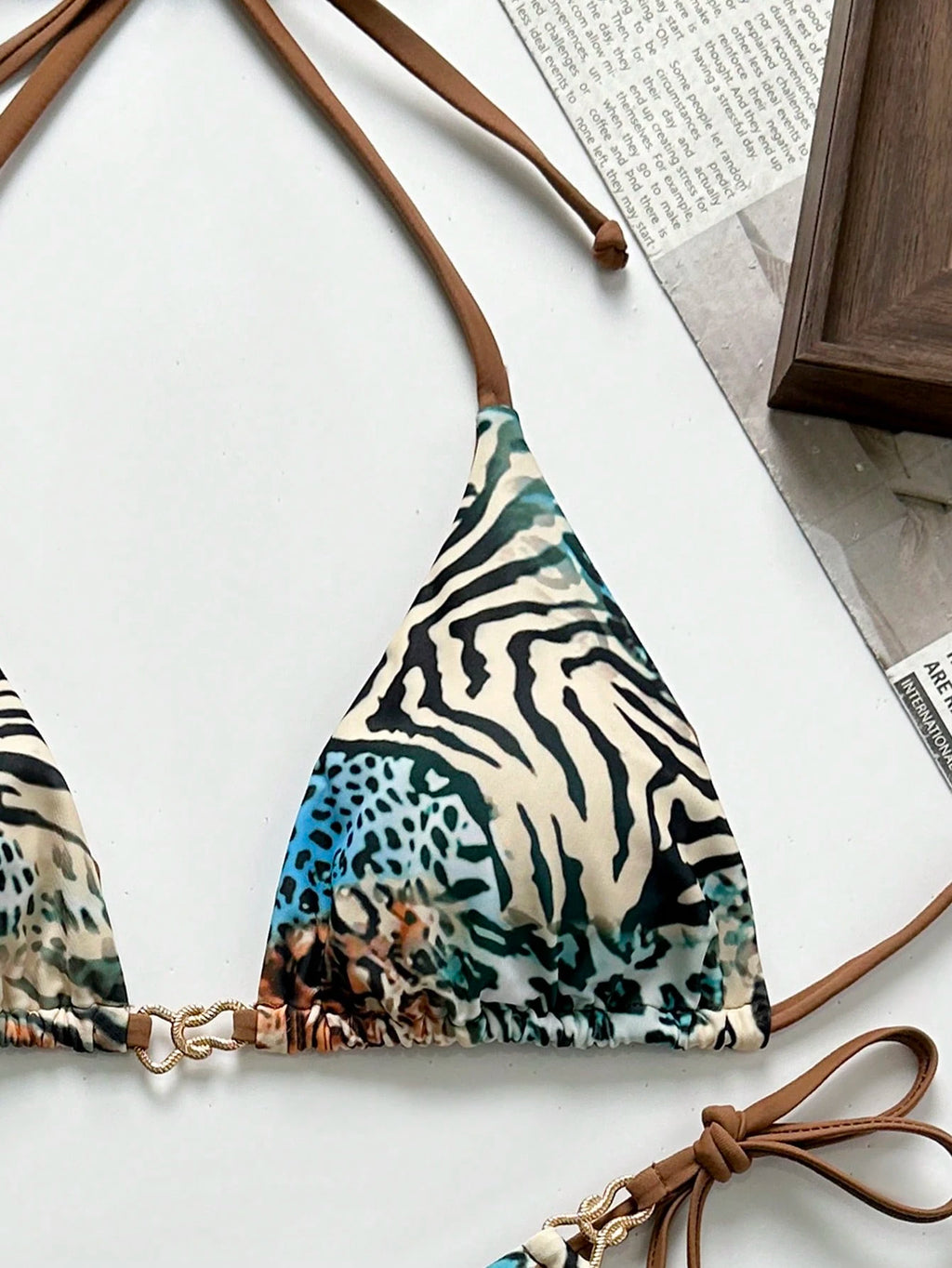 Swim Mod Spring/Summer Digital Print Triangle Wireless Bra Top And Side Tie Biki