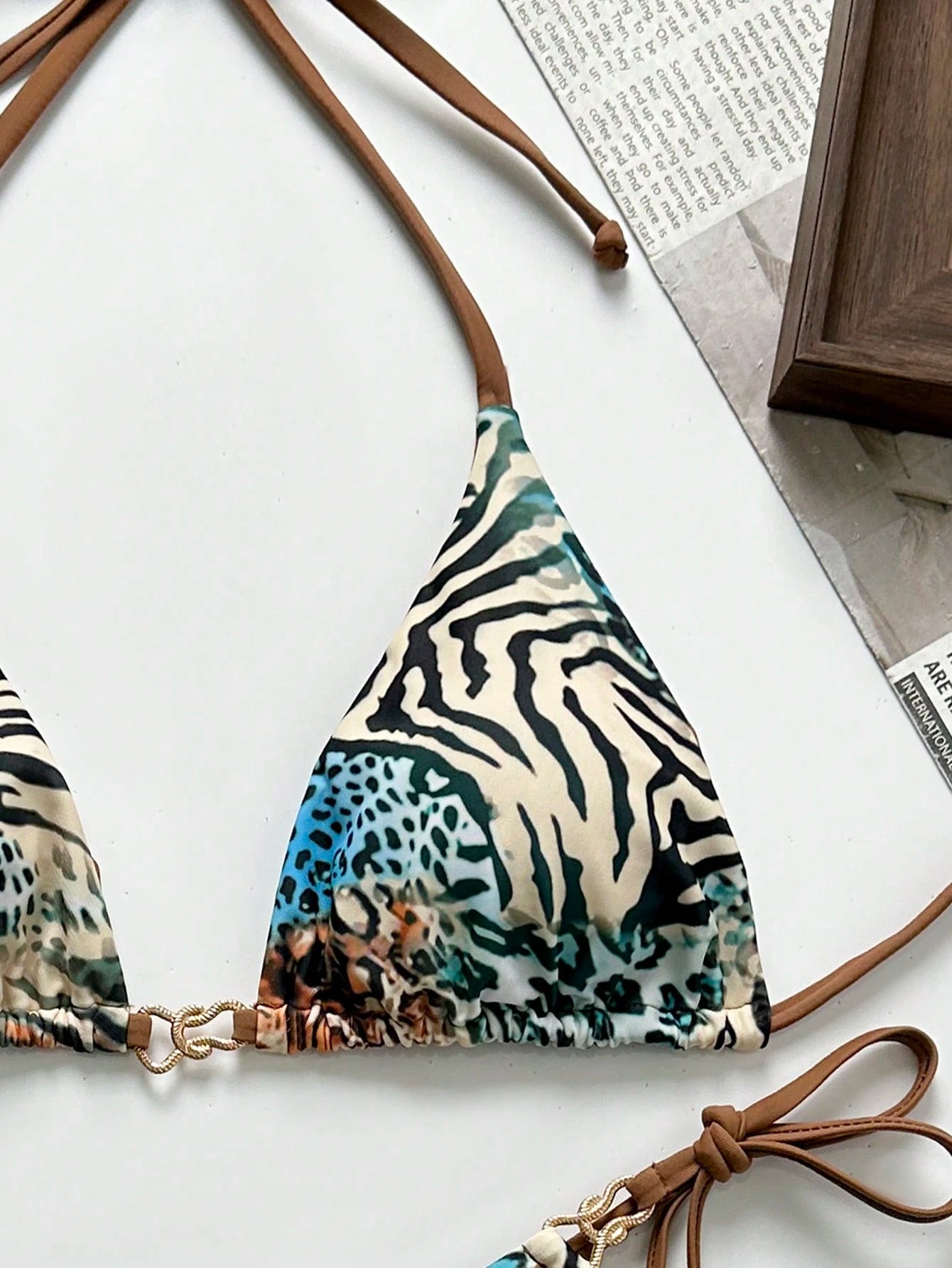 Swim Mod Spring/Summer Digital Print Triangle Wireless Bra Top And Side Tie Biki