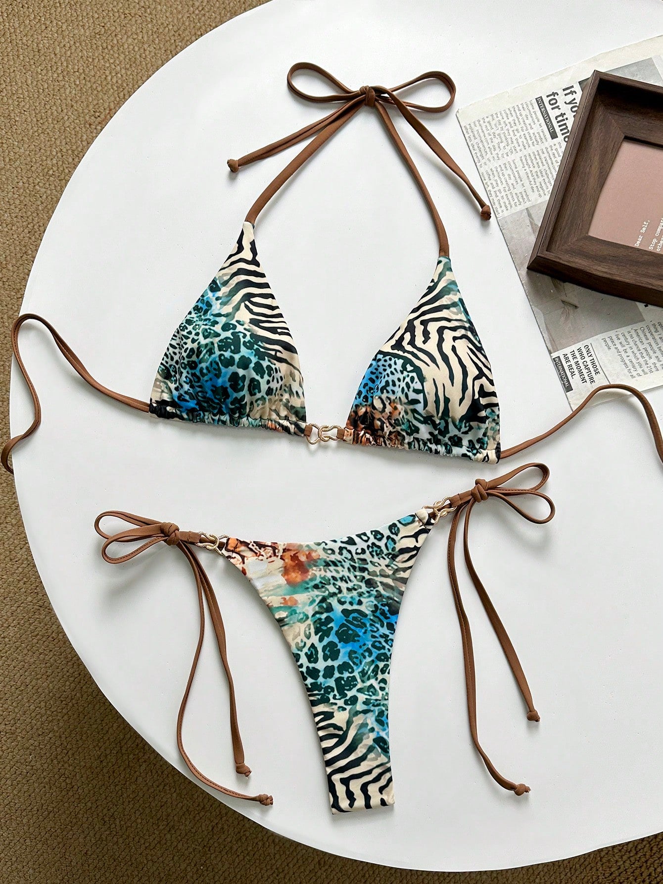 Swim Mod Spring/Summer Digital Print Triangle Wireless Bra Top And Side Tie Biki
