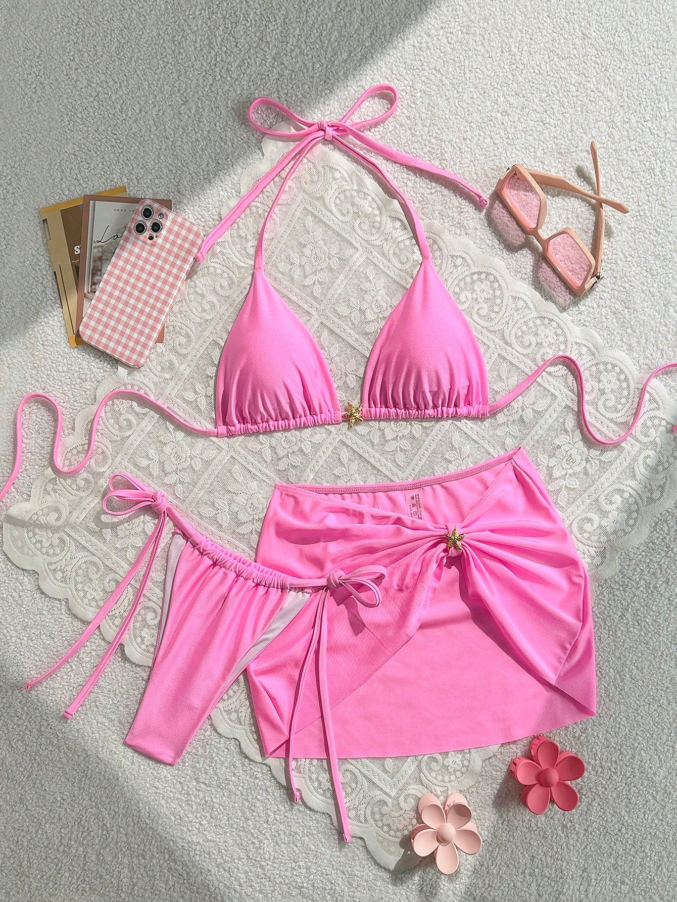 Swim Mod 3pcs Summer New Solid Color Tie Halter Triangle Bikini Top & Mini Skirt