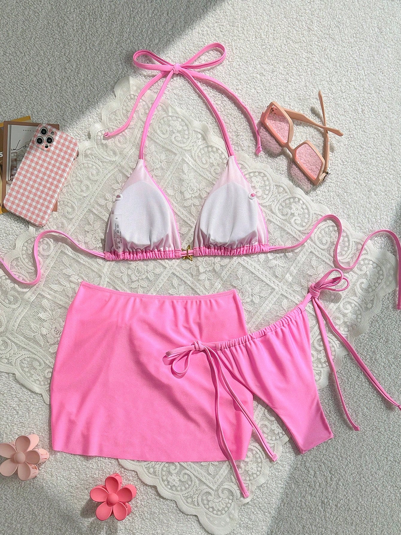 Swim Mod 3pcs Summer New Solid Color Tie Halter Triangle Bikini Top & Mini Skirt