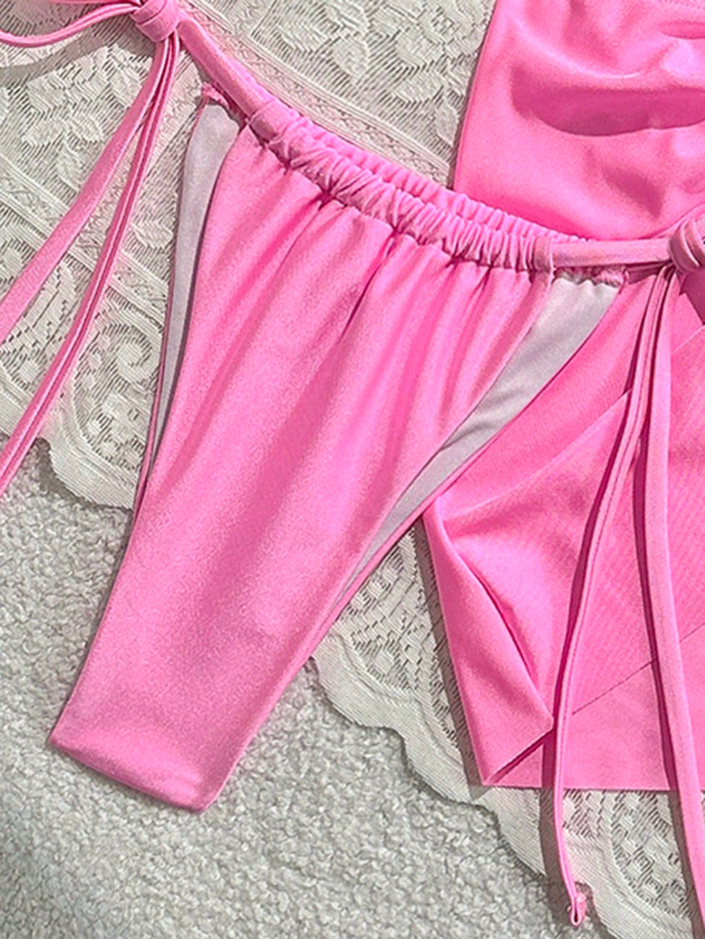 Swim Mod 3pcs Summer New Solid Color Tie Halter Triangle Bikini Top & Mini Skirt