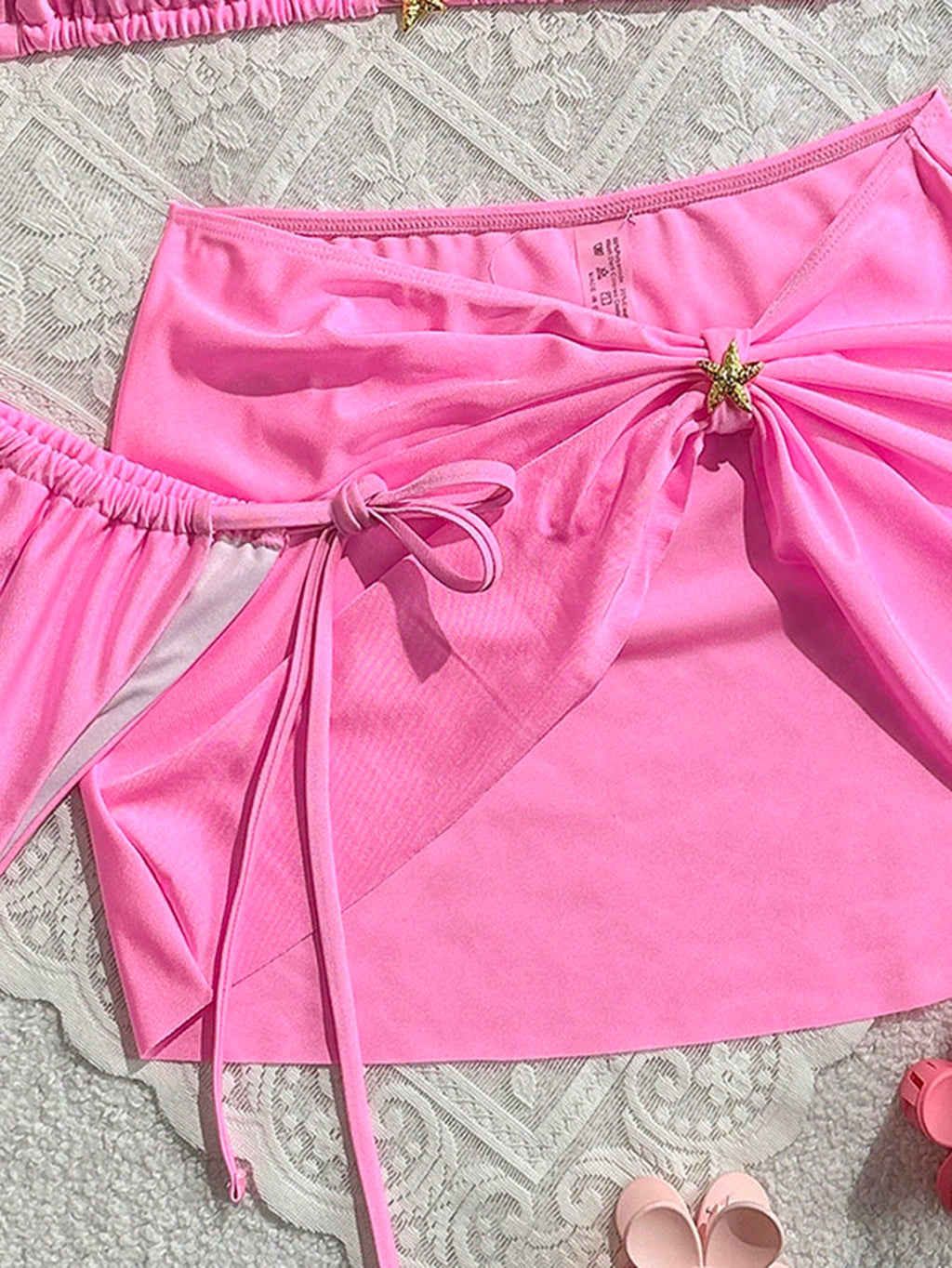 Swim Mod 3pcs Summer New Solid Color Tie Halter Triangle Bikini Top & Mini Skirt