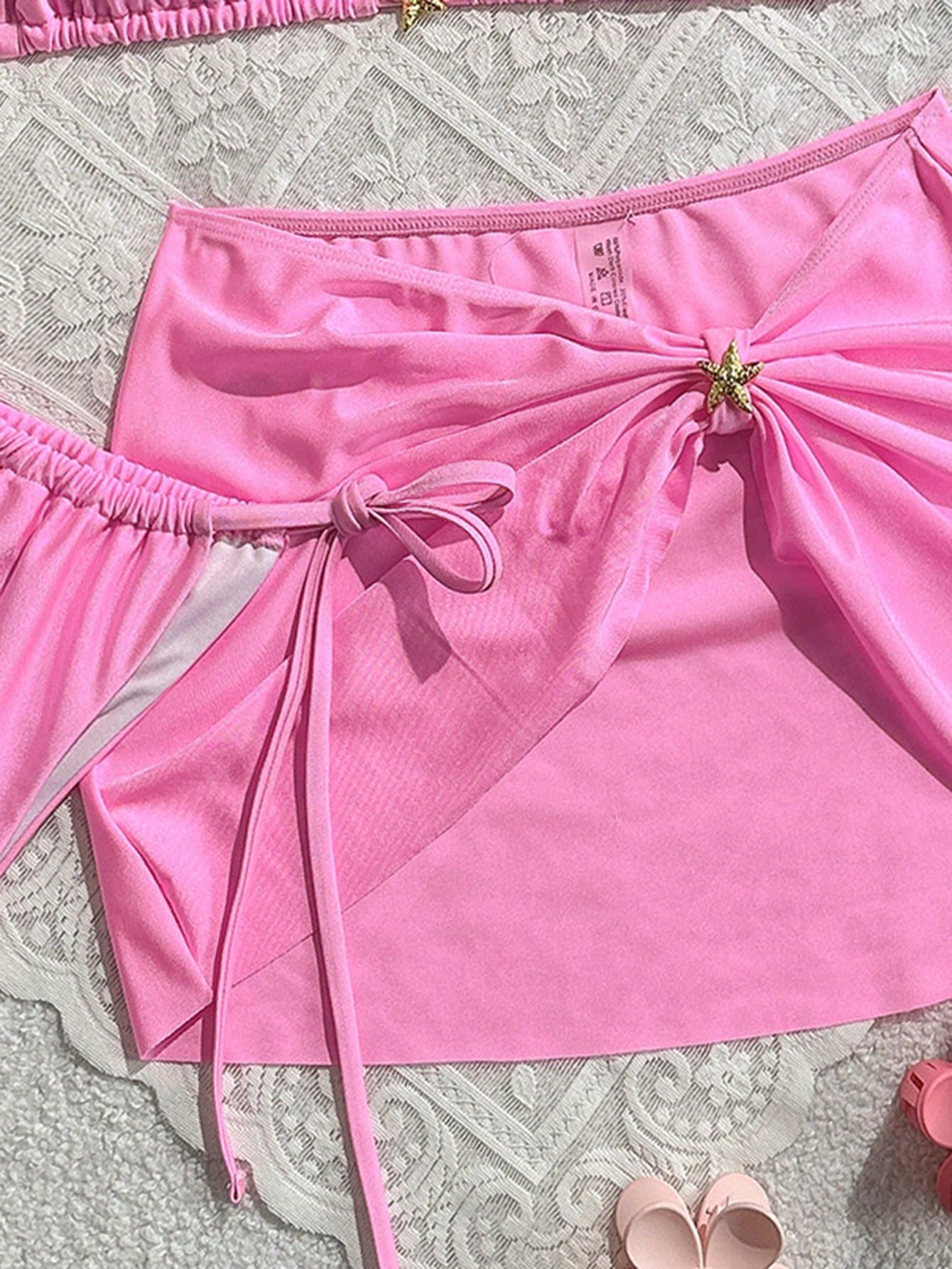 Swim Mod 3pcs Summer New Solid Color Tie Halter Triangle Bikini Top & Mini Skirt