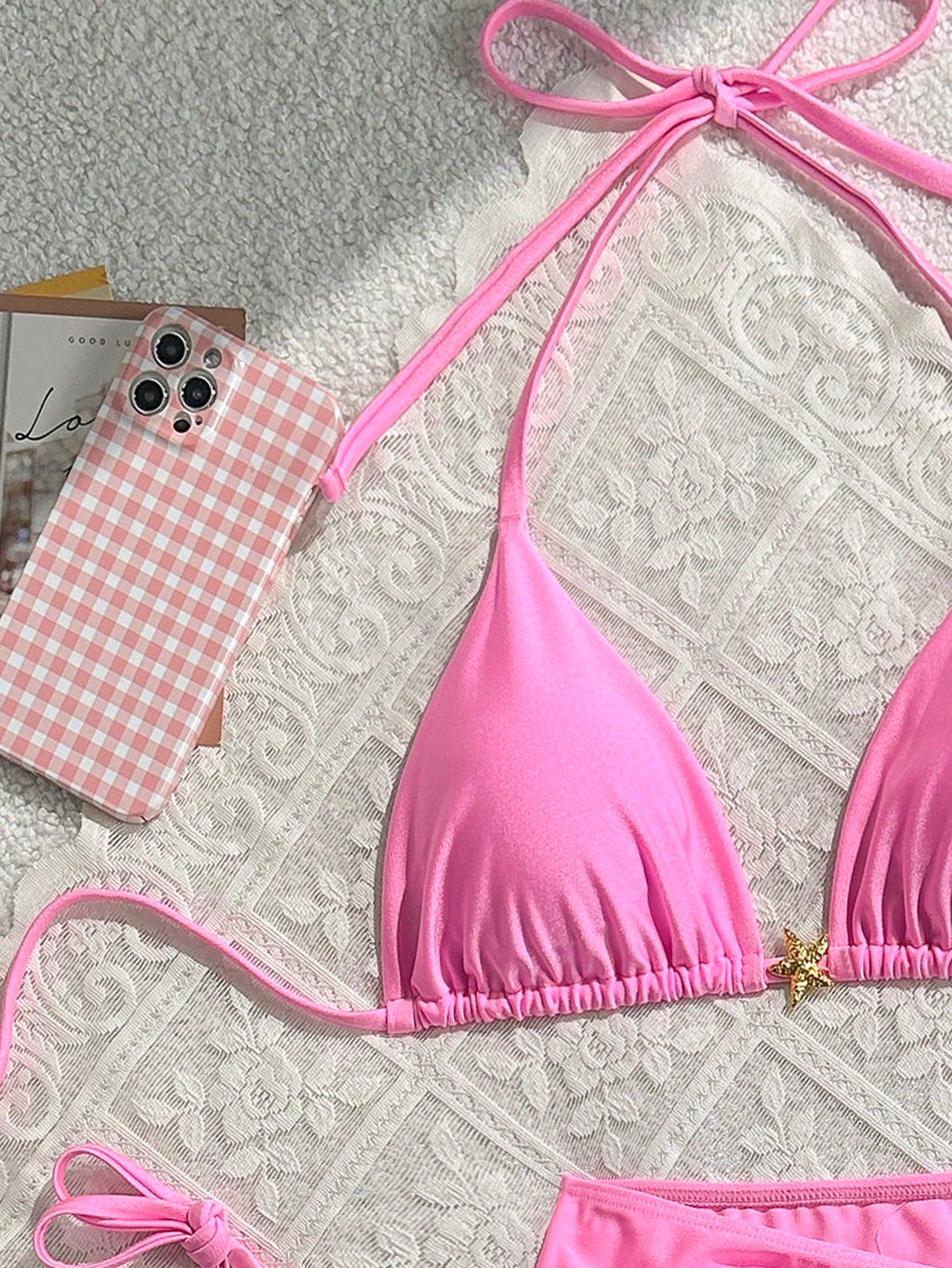 Swim Mod 3pcs Summer New Solid Color Tie Halter Triangle Bikini Top & Mini Skirt