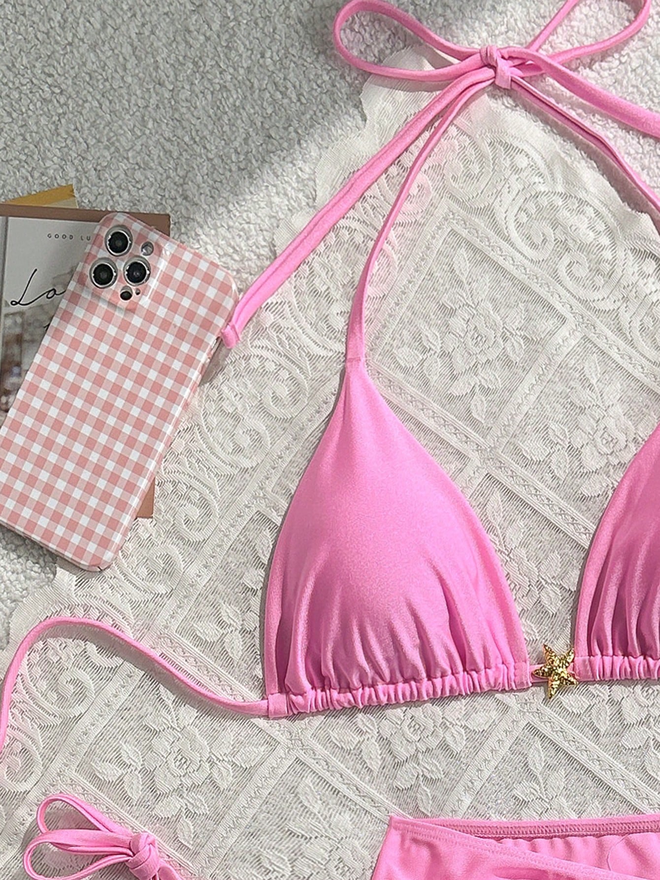 Swim Mod 3pcs Summer New Solid Color Tie Halter Triangle Bikini Top & Mini Skirt