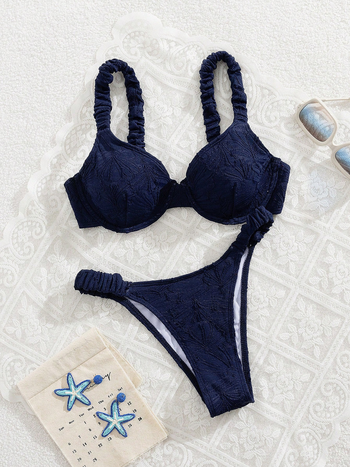 Swim Mod 2pcs/Set Women Springbreak Beach Wear Summer Outfits, Solid Color Floral Fabric Ruffle Thick Strap - image 16