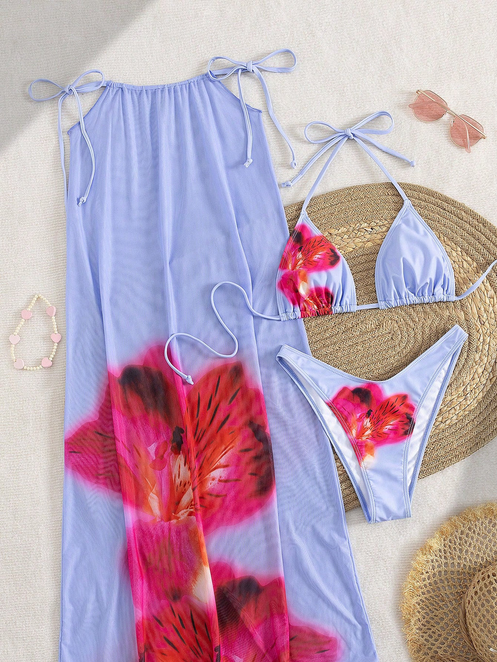 3pcs/Set Women Summer Floral Print Halter Bohemian Beach Holiday