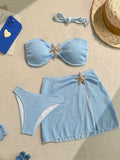Soleia Women's Cute Dusky Blue Summer Beach Vacation Holiday 3-Piece Bikini Set