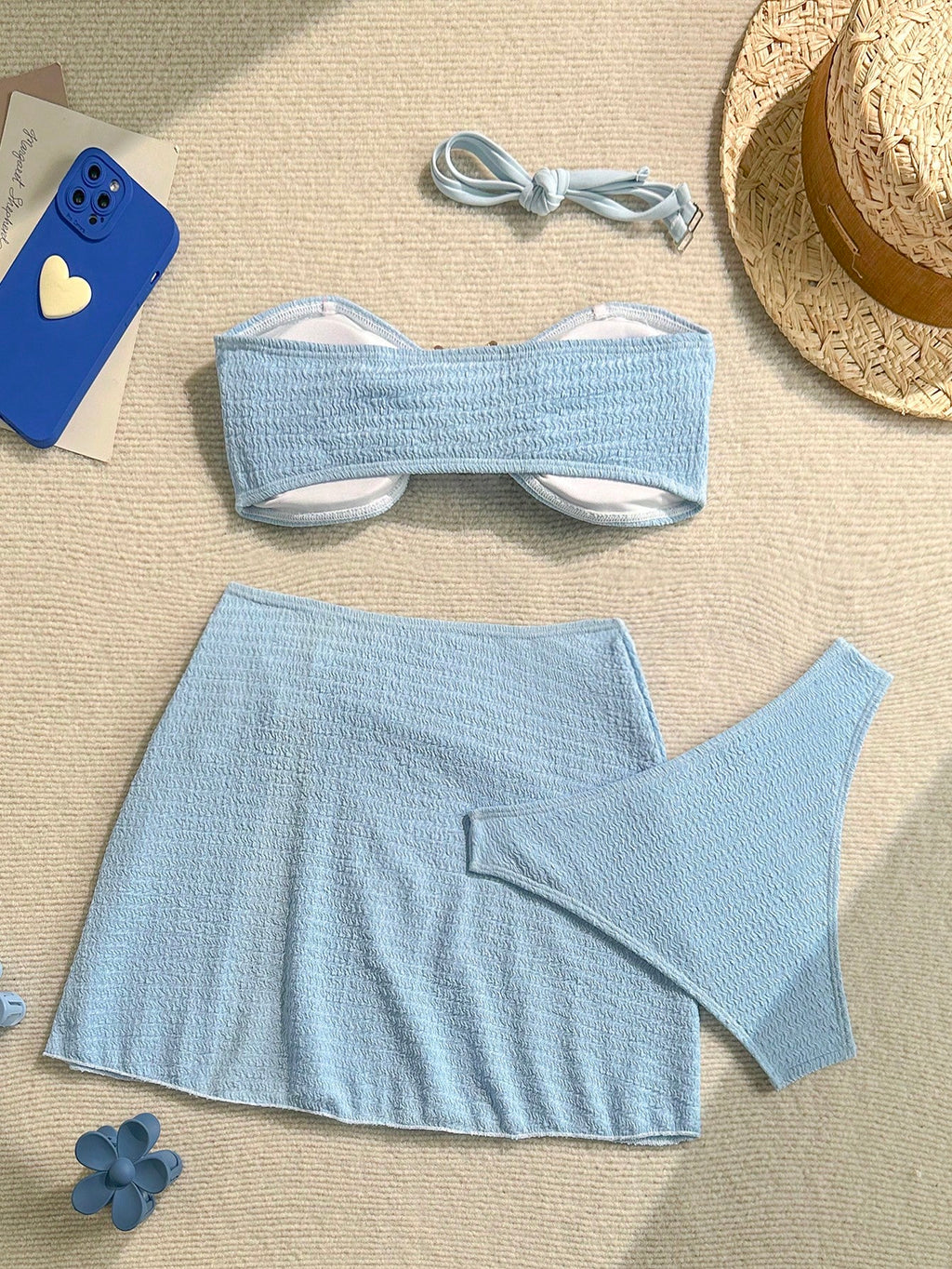 Soleia Women's Cute Dusky Blue Summer Beach Vacation Holiday 3-Piece Bikini Set