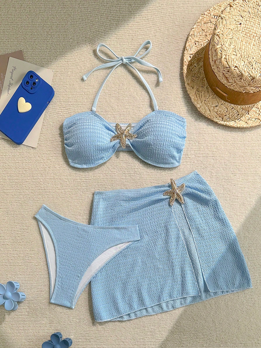 Soleia Women's Cute Dusky Blue Summer Beach Vacation Holiday 3-Piece Bikini Set