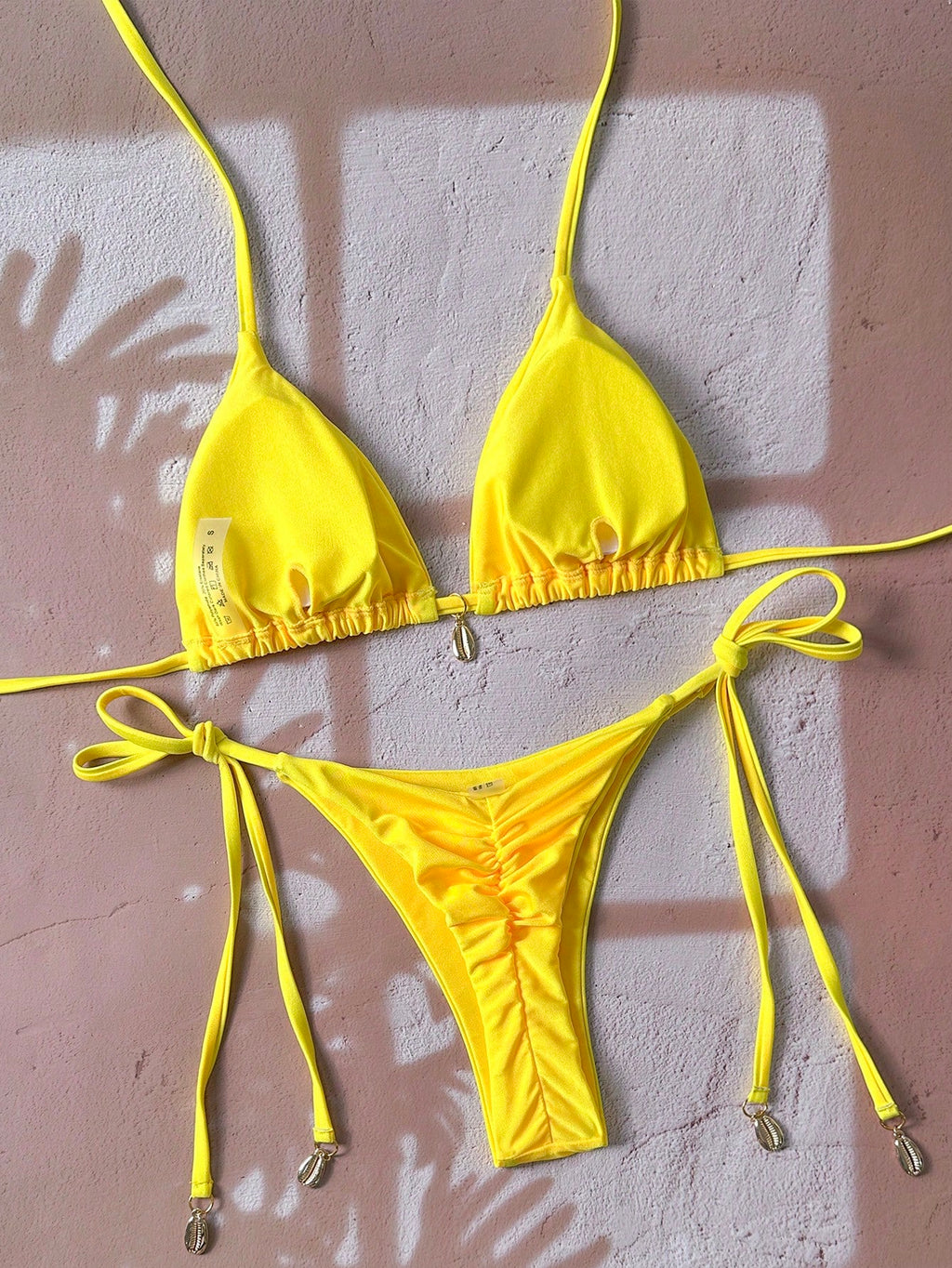 Swim Vcay Solid Triangle Tie Side Bikini Set For Summer Beach Vacation