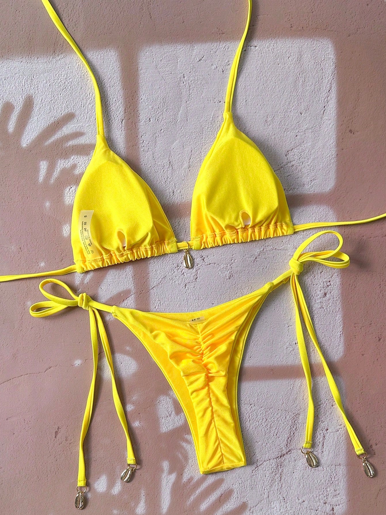 Swim Vcay Solid Triangle Tie Side Bikini Set For Summer Beach Vacation