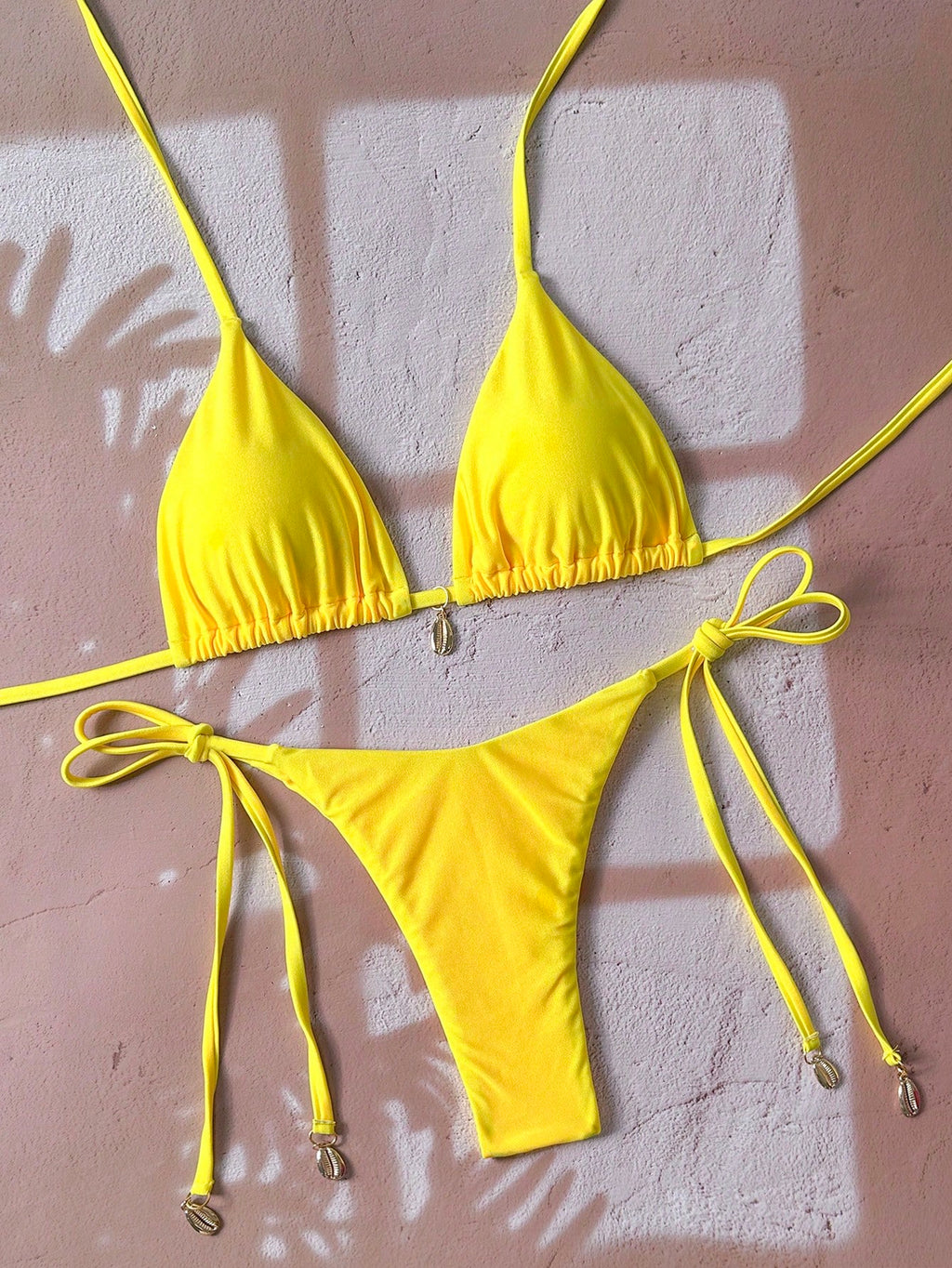 Swim Vcay Solid Triangle Tie Side Bikini Set For Summer Beach Vacation