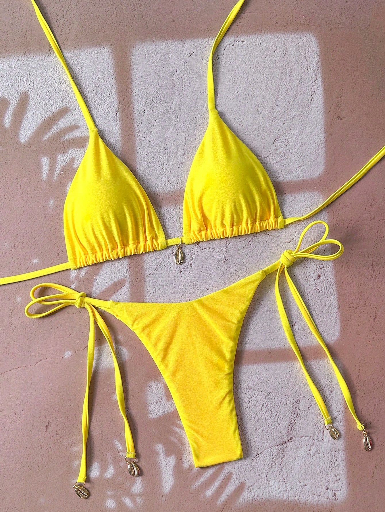 Swim Vcay Solid Triangle Tie Side Bikini Set For Summer Beach Vacation
