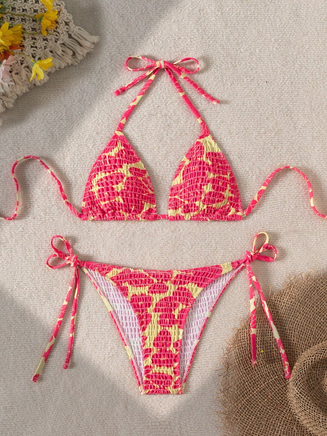 Swim Mod Summer Beach Random Print Smocked Halter Bikini