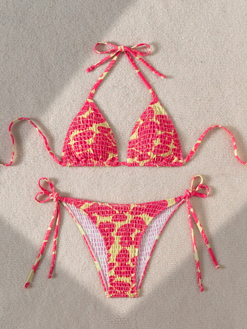 Swim Mod Summer Beach Random Print Smocked Halter Bikini