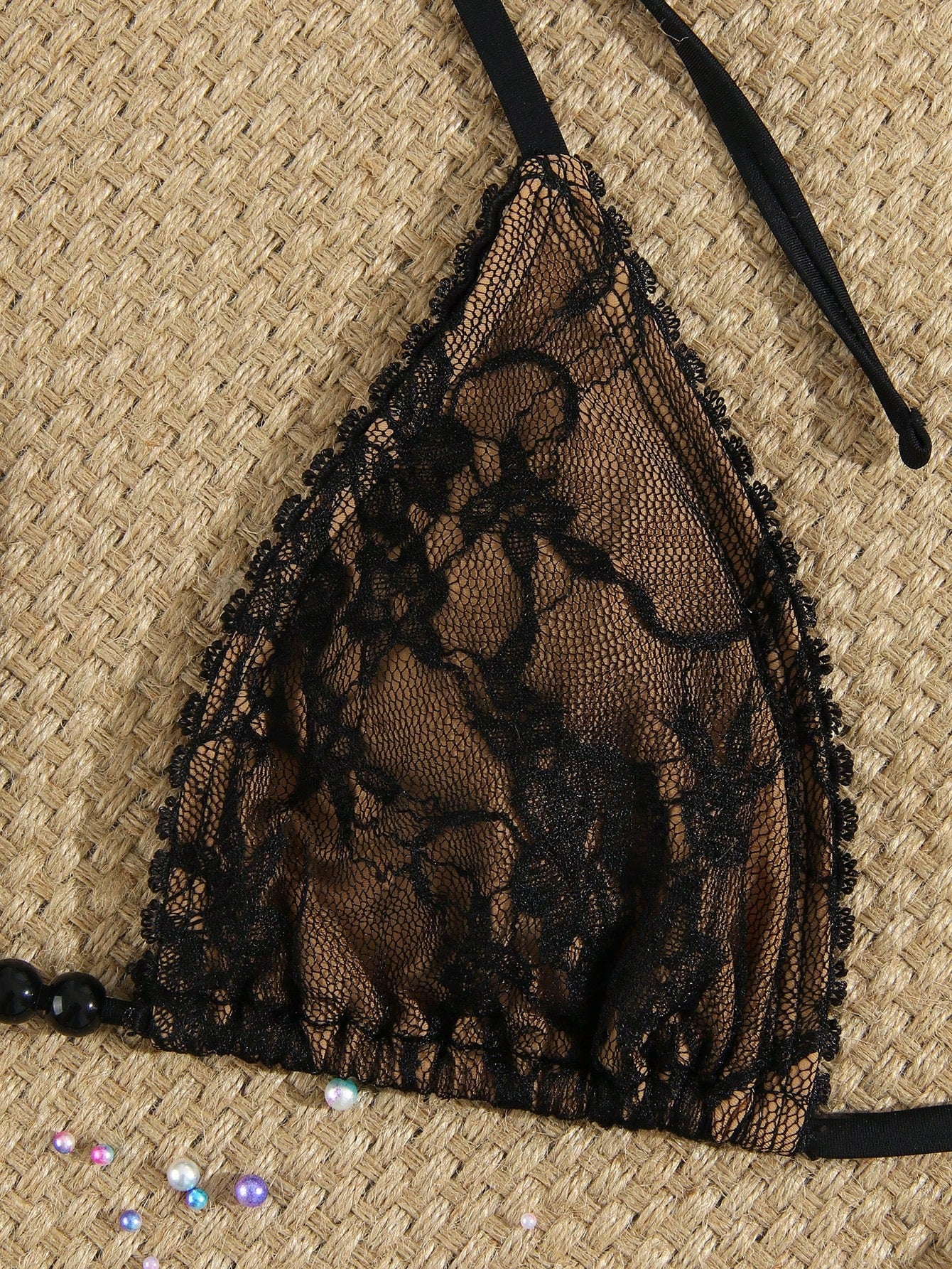 Women's Sexy Black Lace Beaded Halter Necklace, Casual Beach Vacation