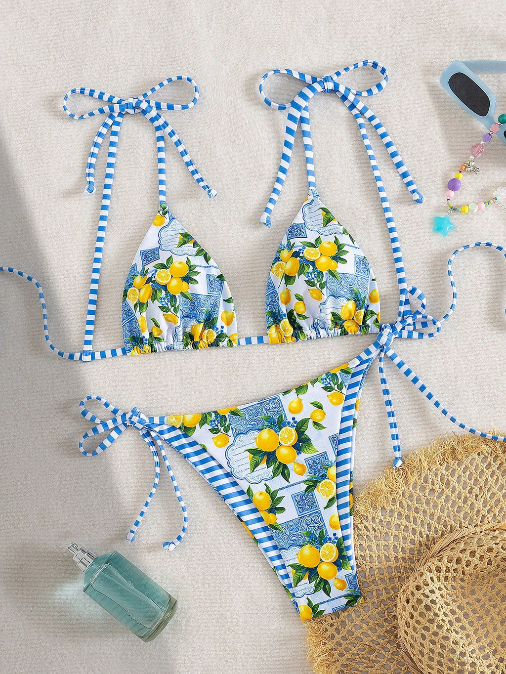 Swim Vcay Women Beach Summer Music Festival Bowknot Stripe Lemon Printed Knot Cu