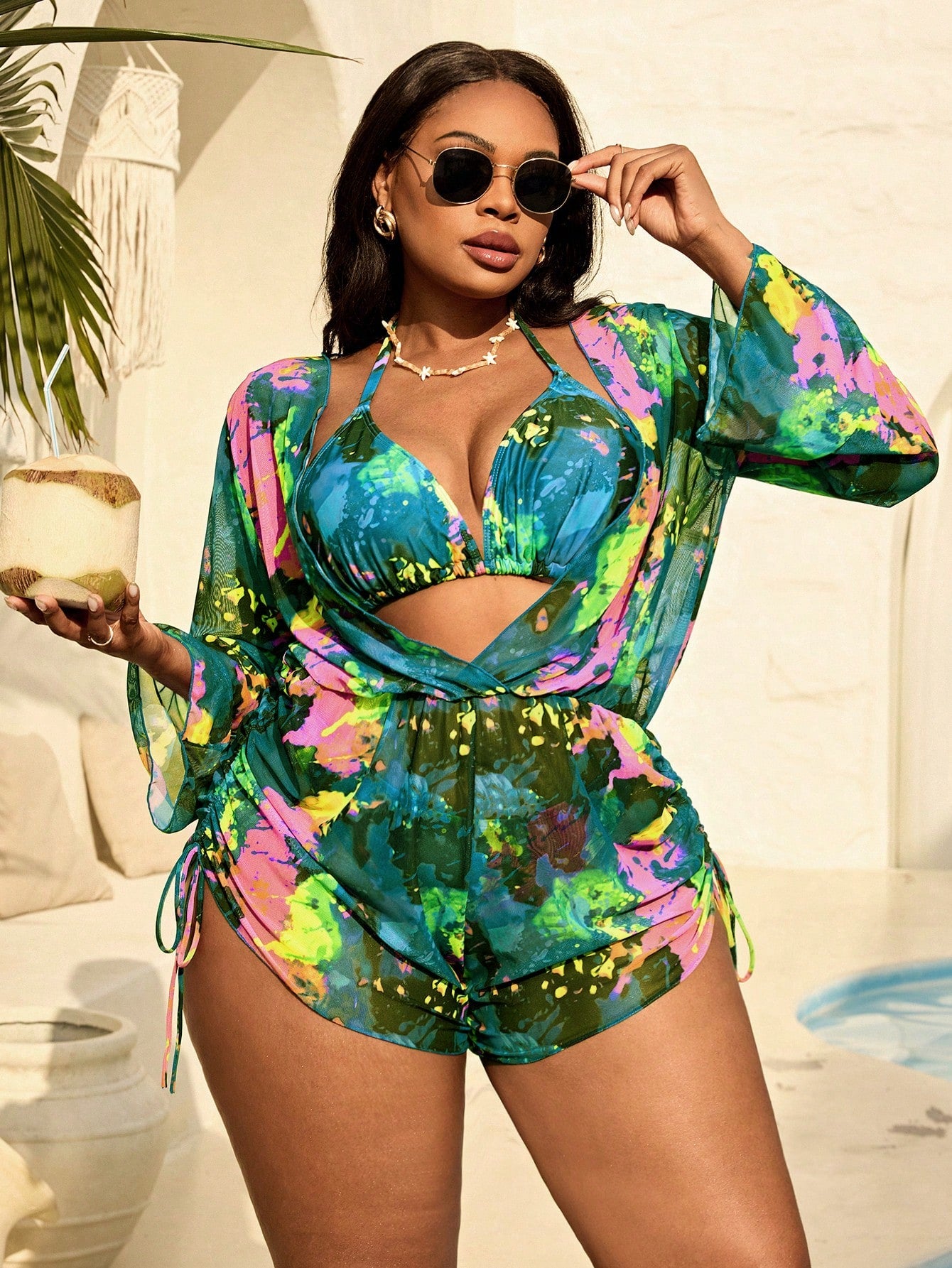 Slaydiva Plus Size Women 3-Piece Tie-Dye Halter Bikini Set With Long Sleeve Pants And Mesh Cover Up, - image 14