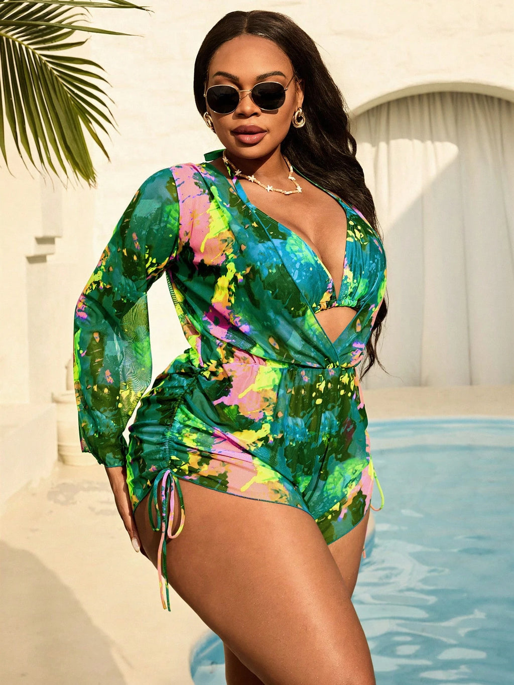 Slaydiva Plus Size Women 3-Piece Tie-Dye Halter Bikini Set With Long Sleeve Pants And Mesh Cover Up, - image 15