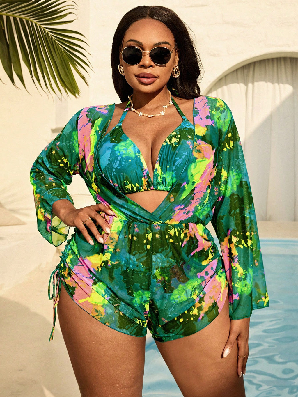 Slaydiva Plus Size Women 3-Piece Tie-Dye Halter Bikini Set With Long Sleeve Pants And Mesh Cover Up, - image 16