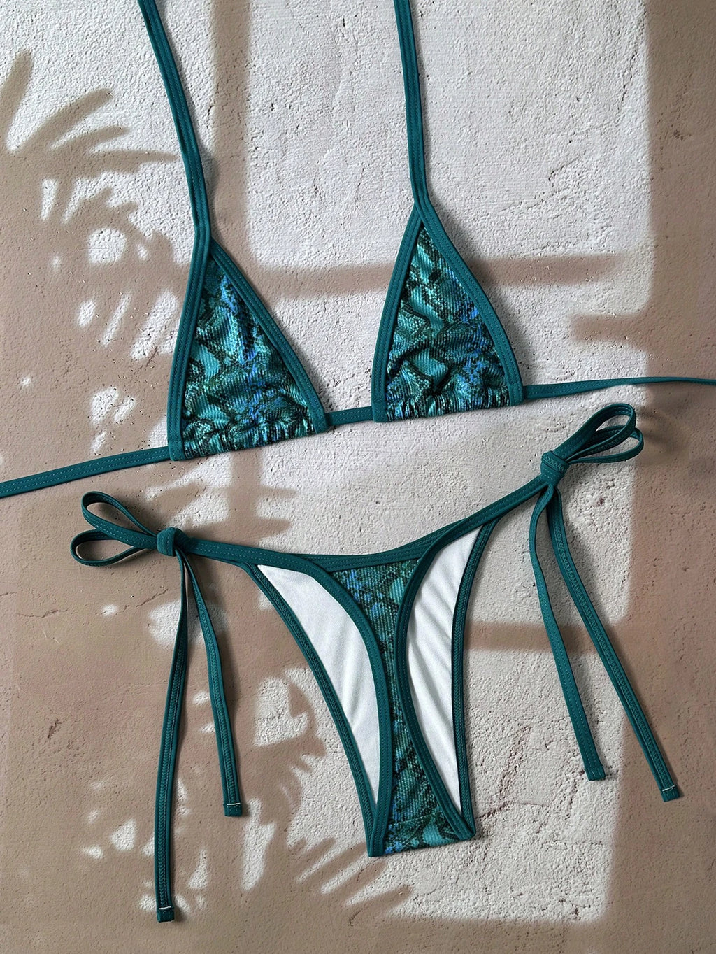 Swim Vcay 2pcs Random Floral Print Textured Bandeau Bikini Set:
