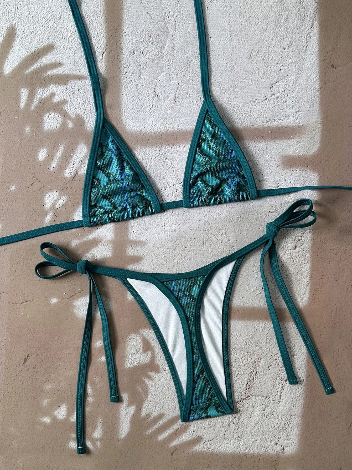 Swim Vcay 2pcs Random Floral Print Textured Bandeau Bikini Set: