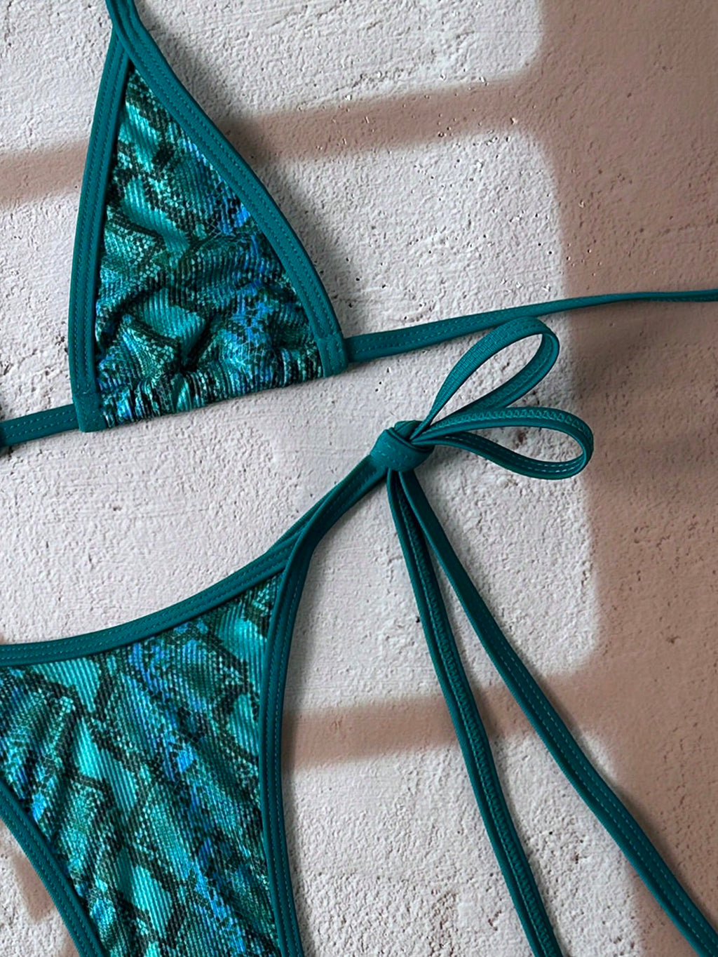 Swim Vcay 2pcs Random Floral Print Textured Bandeau Bikini Set: Halter Bralette Top & Side Tie Thong Bottom, - image 3