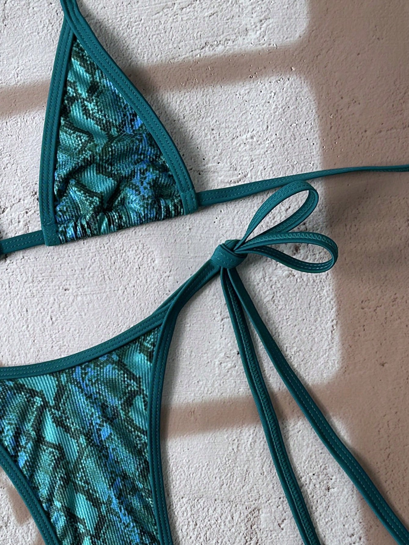 Swim Vcay 2pcs Random Floral Print Textured Bandeau Bikini Set: Halter Bralette Top & Side Tie Thong Bottom, - image 3
