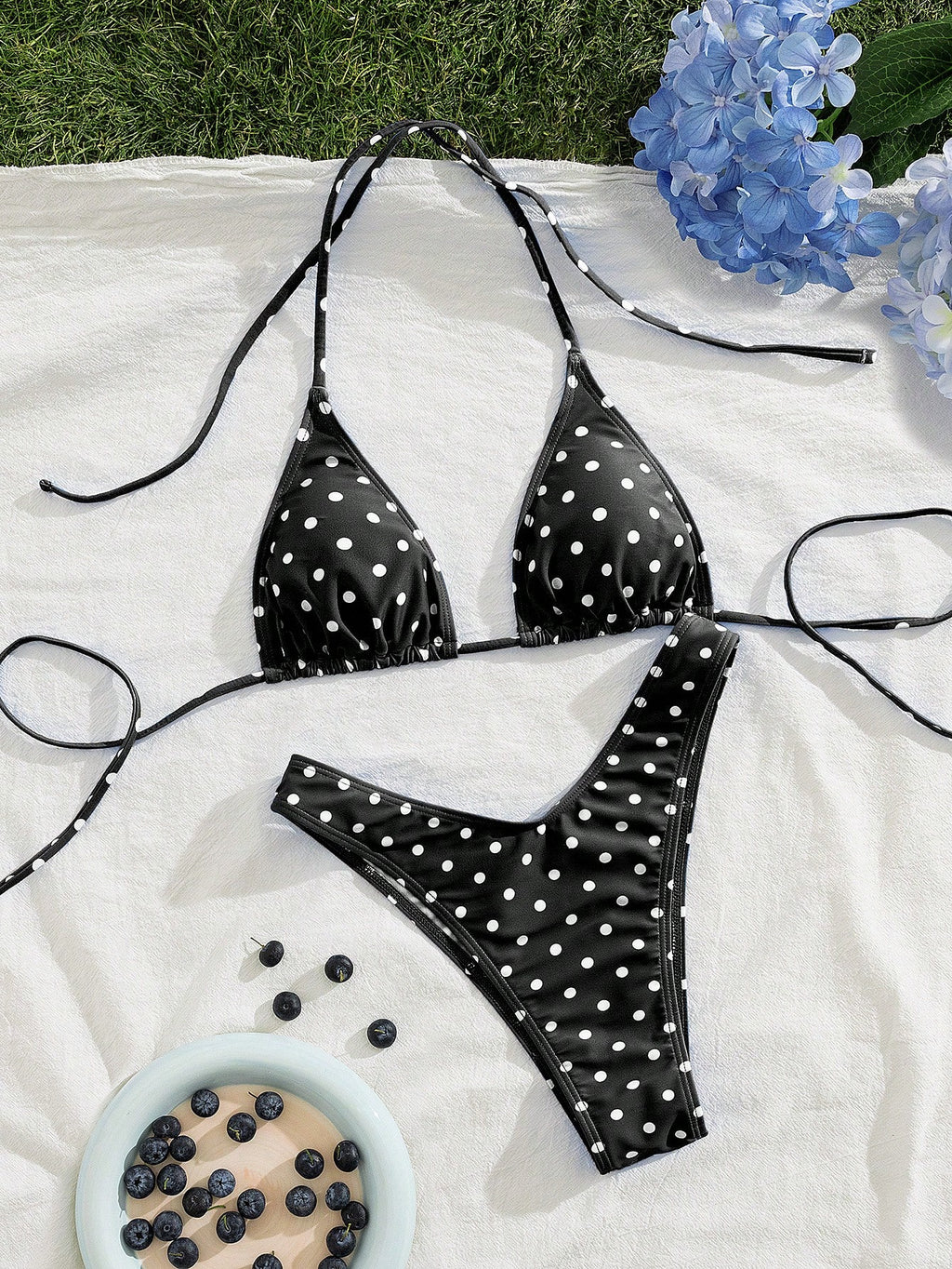 PEPPERMOLLY New Soft Padded Blue & White Polka Dot Print Spaghetti Strap Backless Sexy Party Bikini Set, - image 4