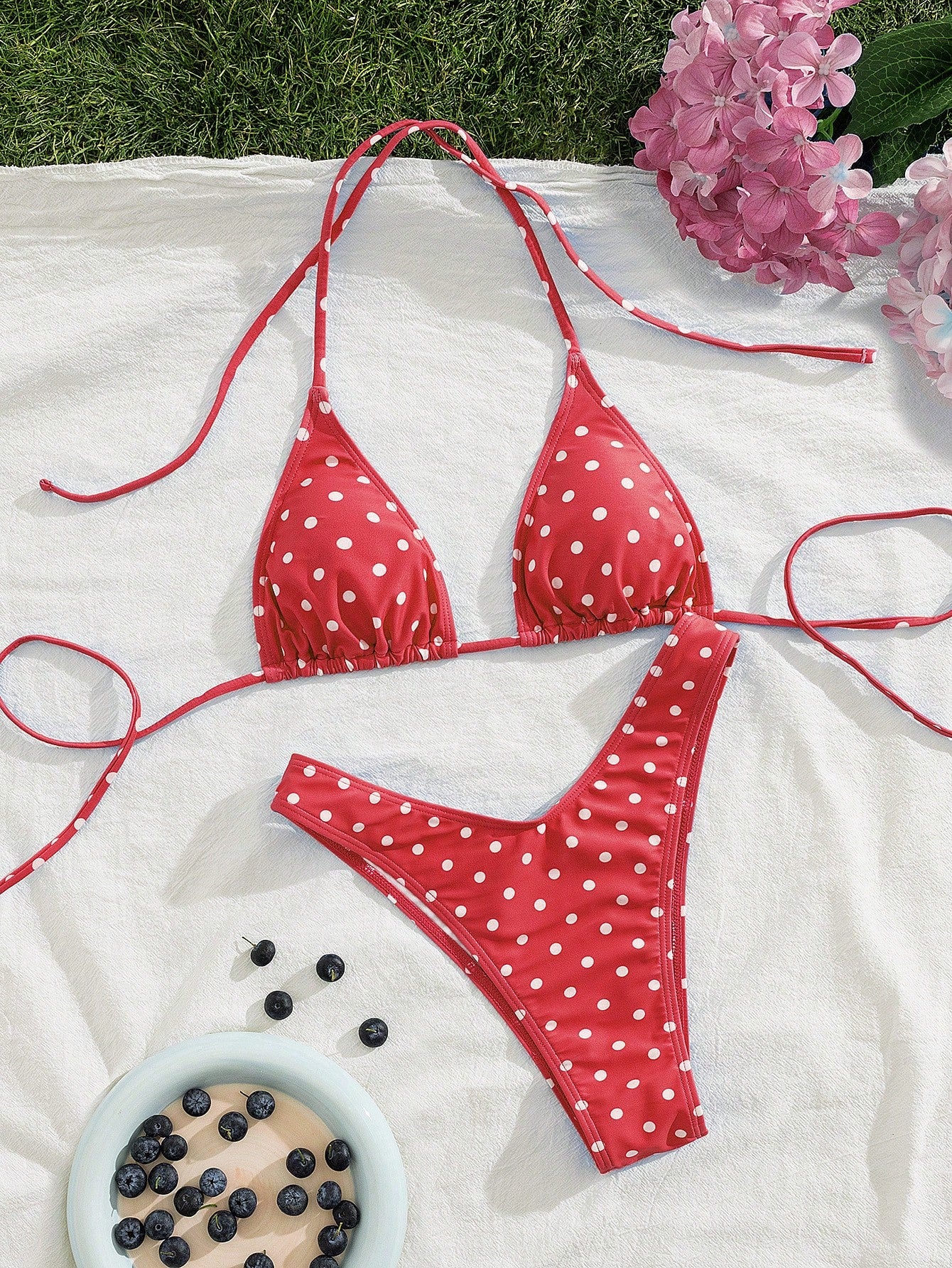 PEPPERMOLLY New Soft Padded Blue & White Polka Dot Print Spaghetti Strap Backless Sexy Party Bikini Set, - image 13