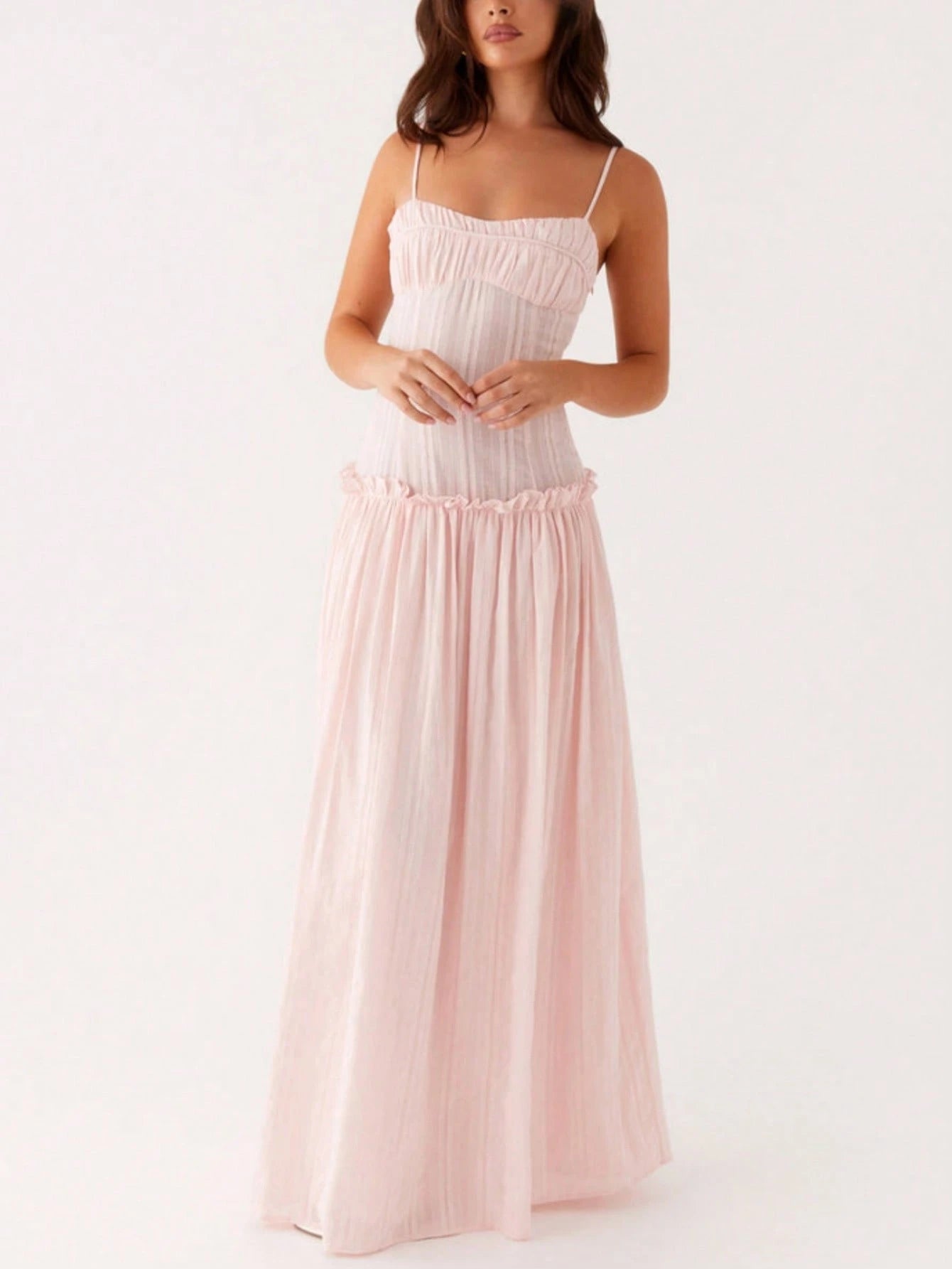 Women Y2K Maxi Dress Solid Color Spaghetti Strap Square Neck Pleated