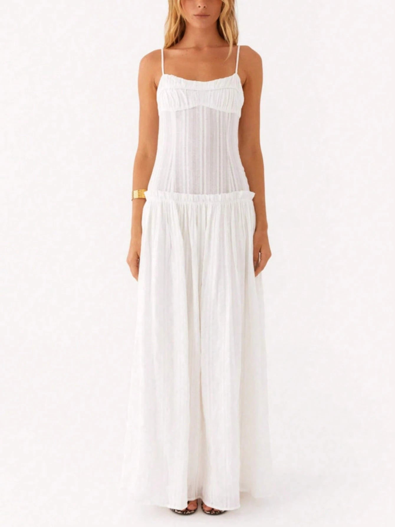 Women Y2K Maxi Dress Solid Color Spaghetti Strap Square Neck Pleated Flowy Long Dress Summer Backless - image 3