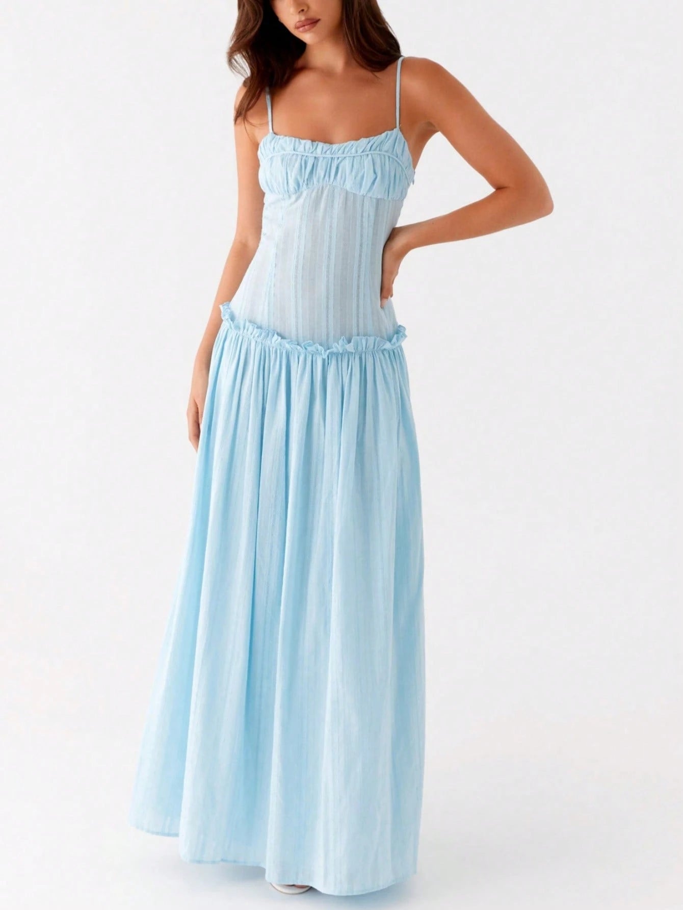 Women Y2K Maxi Dress Solid Color Spaghetti Strap Square Neck Pleated