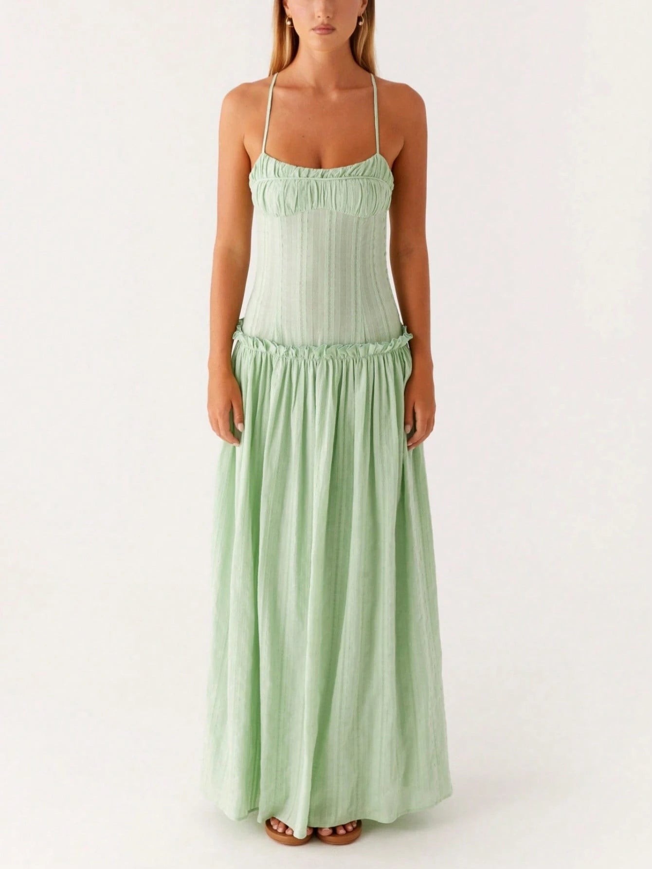 Women Y2K Maxi Dress Solid Color Spaghetti Strap Square Neck Pleated Flowy Long Dress Summer Backless - image 10