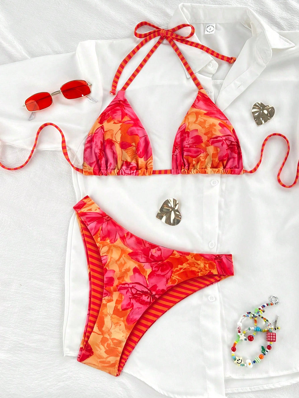 Swim Mod Women's Summer Beach Vacation Red Plaid Bow Decor White Trim Halter Tie Back Sexy Bikini Set Set - image 10