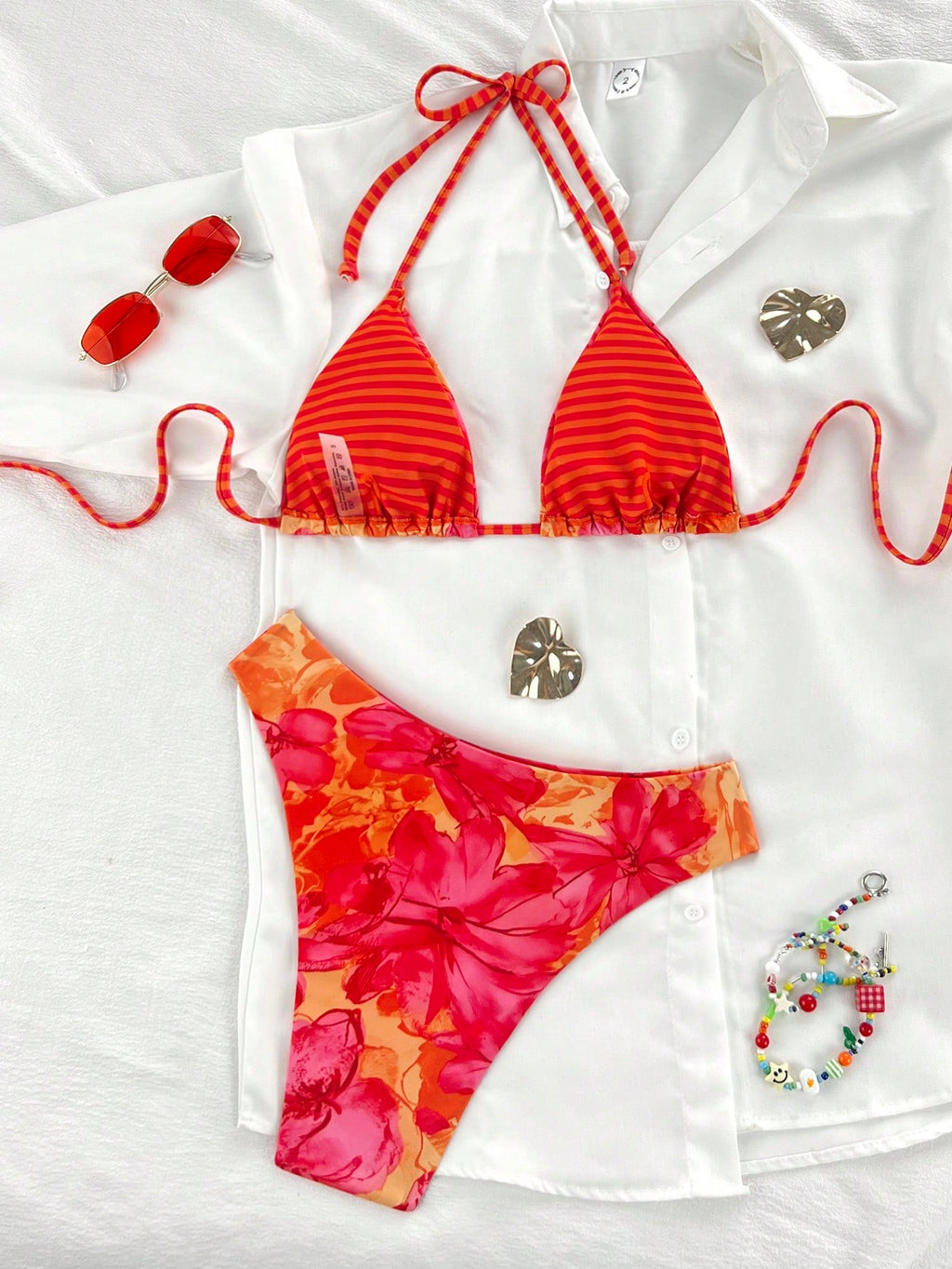 Swim Mod Women's Summer Beach Vacation Red Plaid Bow Decor White Trim Halter Tie Back Sexy Bikini Set Set - image 9