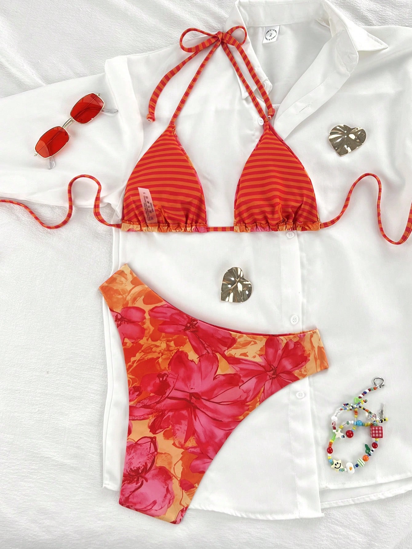 Swim Mod Women's Summer Beach Vacation Red Plaid Bow Decor White Trim Halter Tie Back Sexy Bikini Set Set - image 9