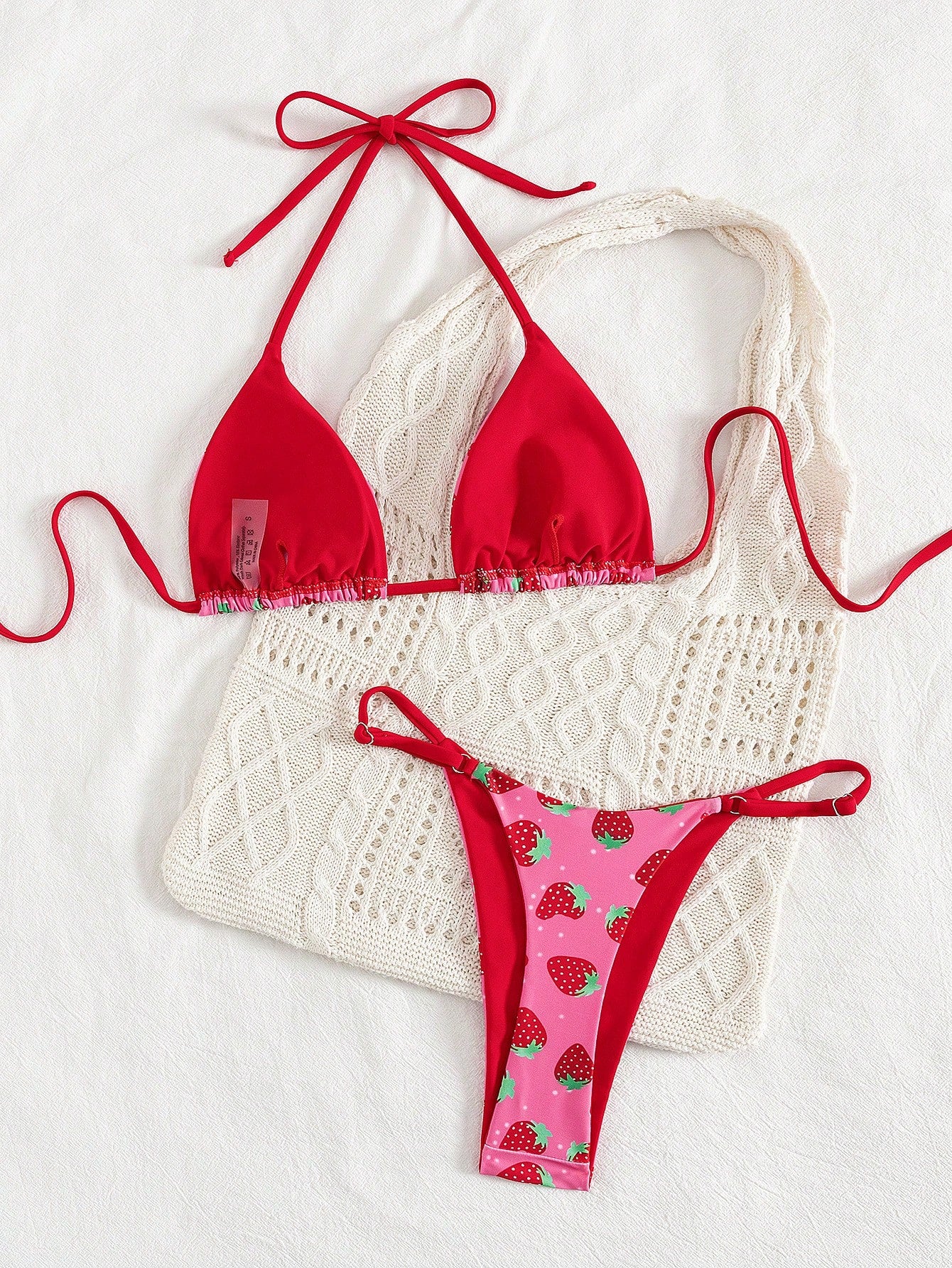 2pcs/Set Fruit Allover Print Strawberry Sexy Backless Tie Bikini Set, For Beach,
