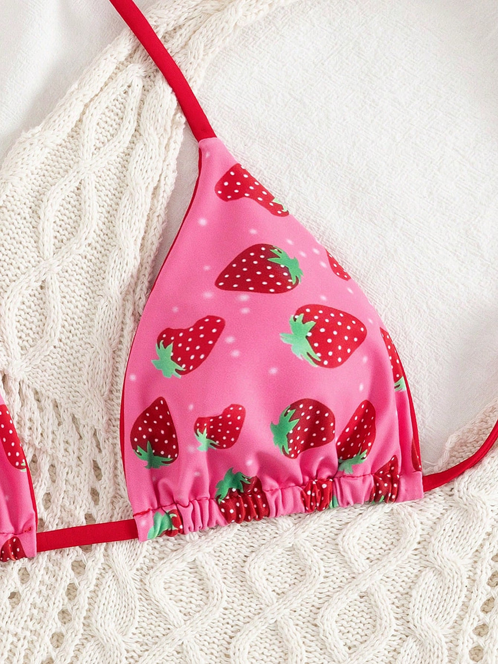 2pcs/Set Fruit Allover Print Strawberry Sexy Backless Tie Bikini Set, For Beach,