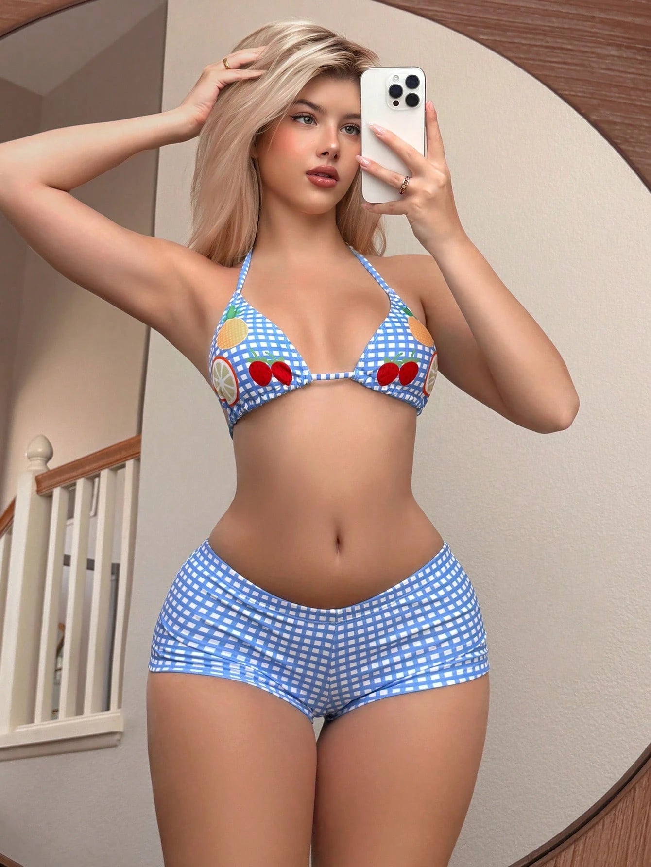 Swim Mod Fruit Print Halter Neck Backless Bikini & Plaid Shorts, 2pcs/Set Women Beach Swimsuit For Summer - image 11