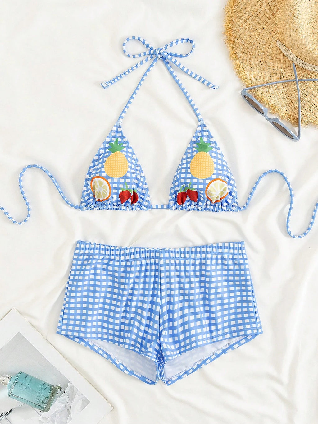 Swim Mod Fruit Print Halter Neck Backless Bikini & Plaid Shorts, 2pcs/Set Women Beach Swimsuit For Summer - image 14
