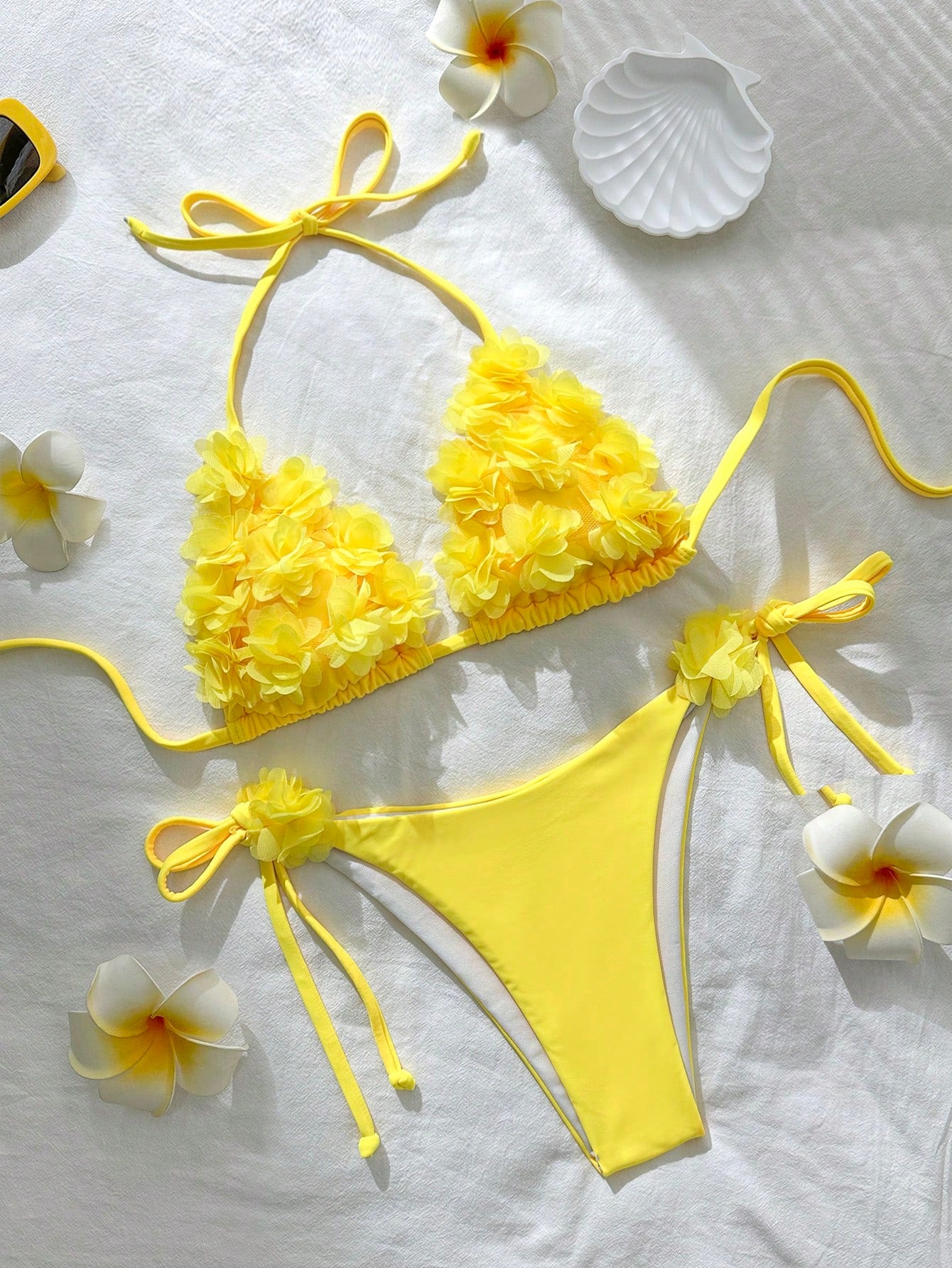 Swim Mod Solid Color Patch Halter Knotted Bikini Swimsuit For Summer Beach Vacat