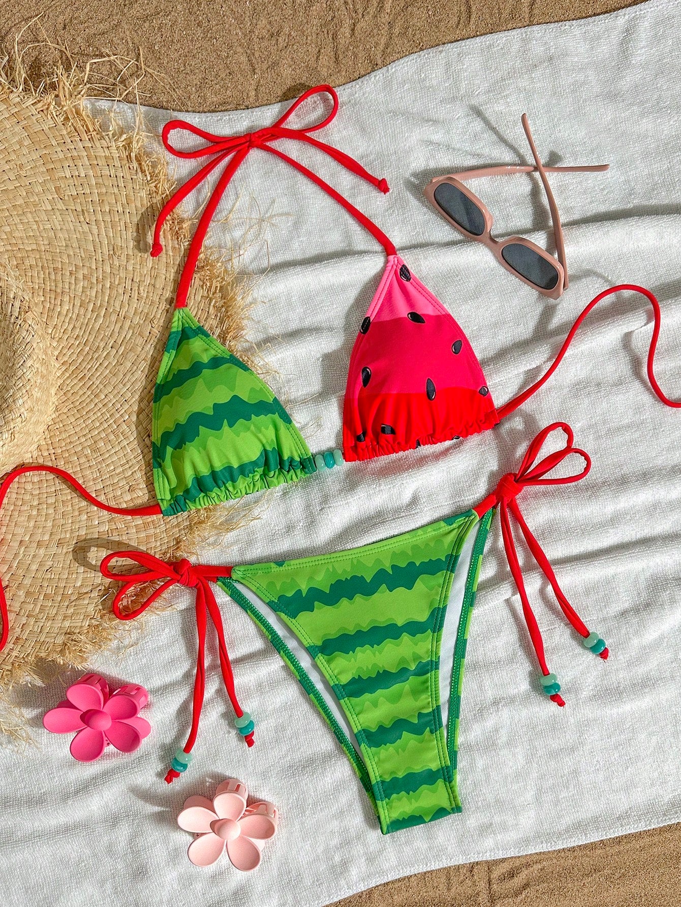 Swim Mod Women's Watermelon Print Halter Neck Tankini Bikini Set Set,