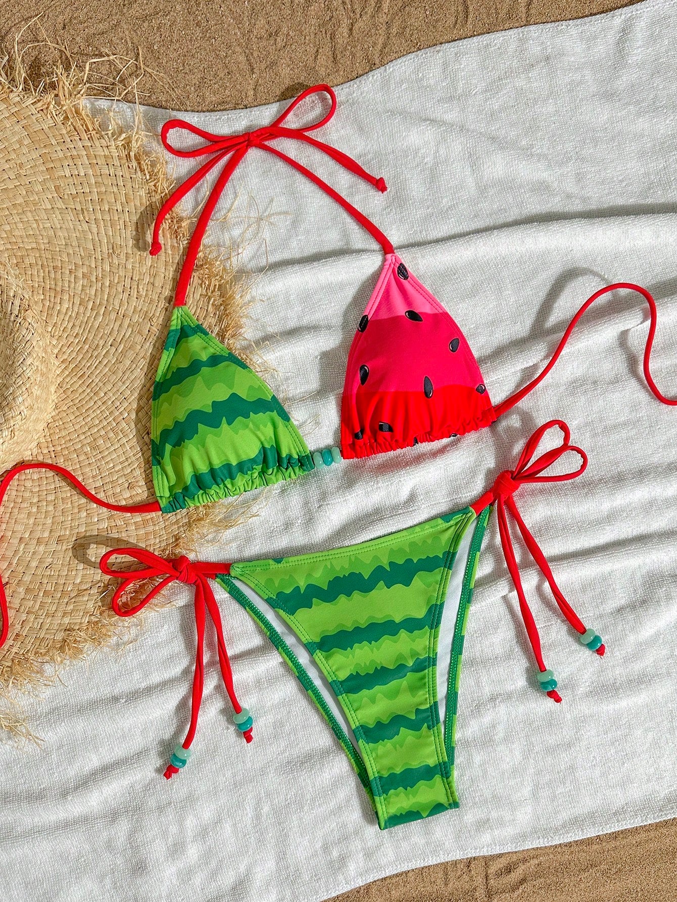 Swim Mod Women's Watermelon Print Halter Neck Tankini Bikini Set Set,